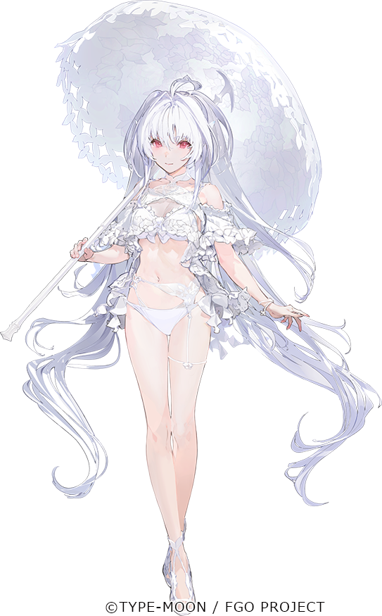 the image shows a beautiful anime girl with long white hair. she's wearing a white lace swimsuit and carrying a white parasol. she appears to be at the beach and looks elegant and cute. the art style is typical of anime/manga illustrations and is digitally created. the image includes a copyright notice for typemoon / fgo project, suggesting it is character art from a game or other media produced by these companies.