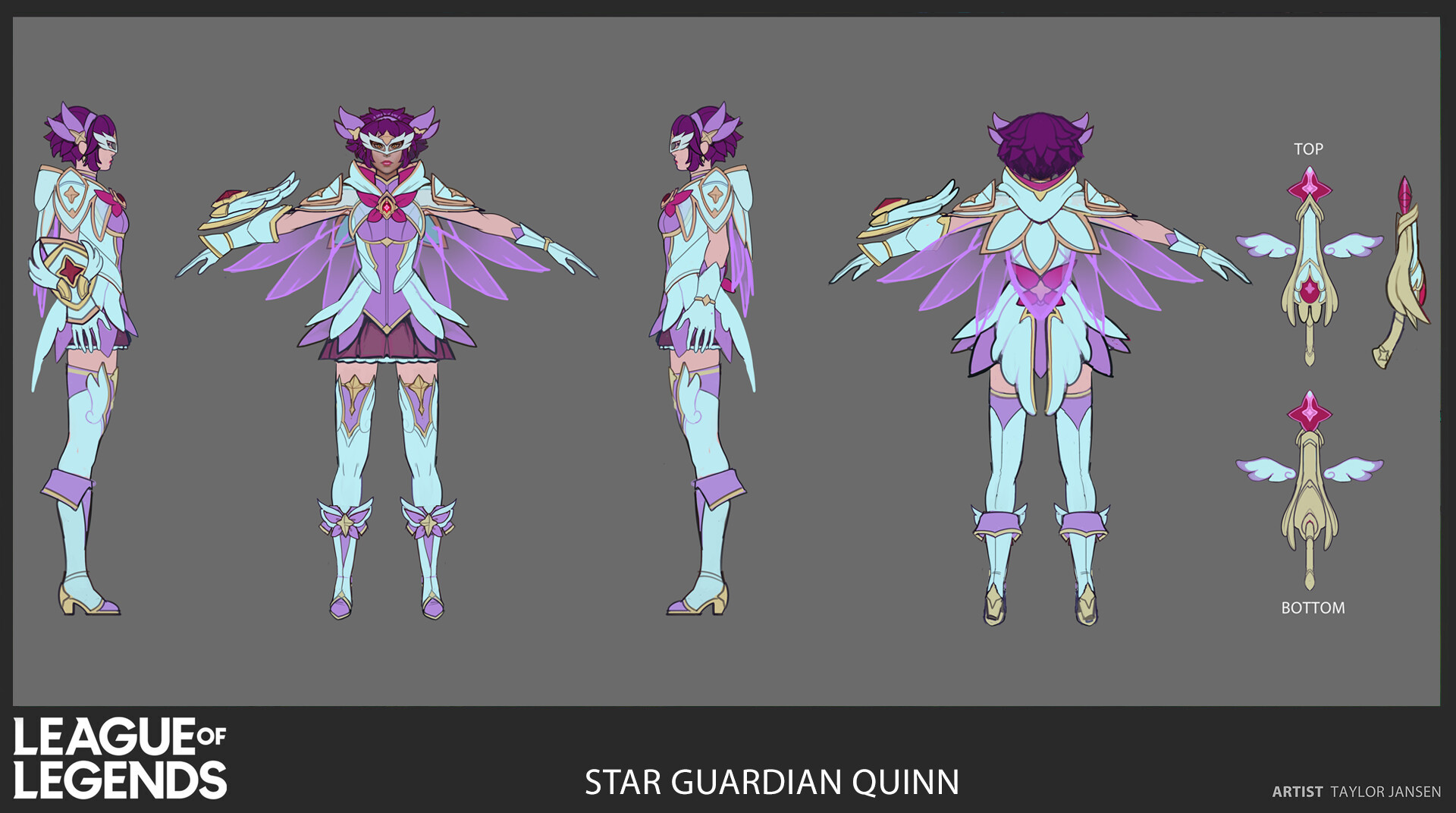 this image is a character design for the star guardian quinn skin from the popular video game league of legends. quinn, a human female, is depicted in a magical girl style, with flowing pastelcolored clothing, angel wings, and a golden bow and arrow. the image shows her from multiple angles, as well as closeups of her weapon. the background is a simple gray, providing a clean backdrop for the character design. the image is labeled "star guardian quinn" and "artist: taylor jansen," suggesting that this is a piece of official artwork for the game.