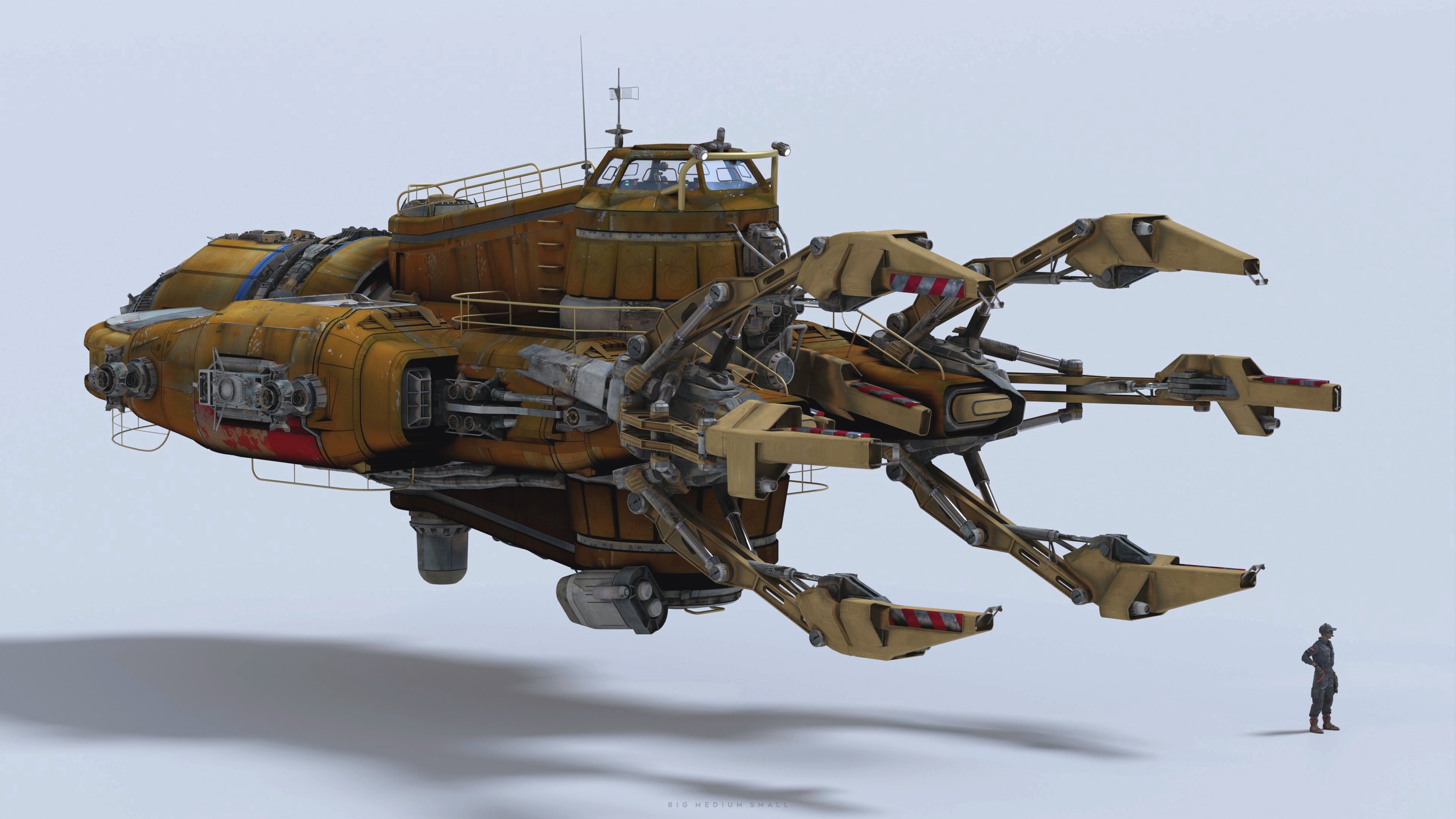 a 3d rendered image of a large, rusty, futuristic spaceship or aircraft.  the vehicle is predominantly yellowbrown and appears weathered and aged. it has a large central body with multiple robotic arms or claws extending outwards, suggesting a function of grabbing or manipulating objects.  a small human figure is included in the scene for scale, making the spaceship appear immensely large. the background is a simple white studio setting. the overall style is highly detailed and realistic, suggesting a concept design for a science fiction film or game.