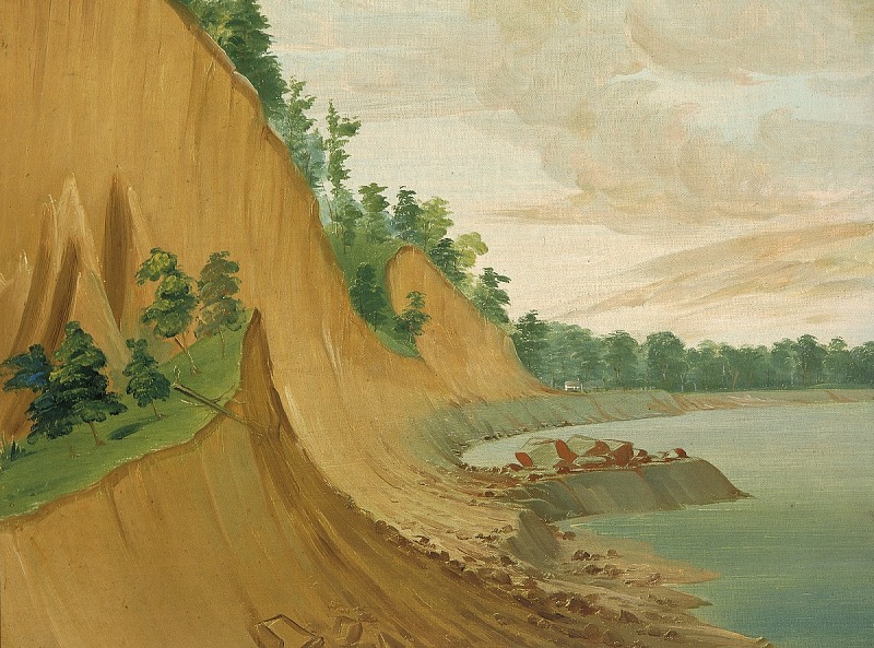 the painting depicts a landscape with high, tancolored bluffs and a body of water, possibly a river or lake. the bluffs show signs of erosion and are partially covered with trees and vegetation. the sky is overcast with clouds, and the water extends to the horizon. the painting captures the natural beauty of the terrain with focus on geological features and plant life.