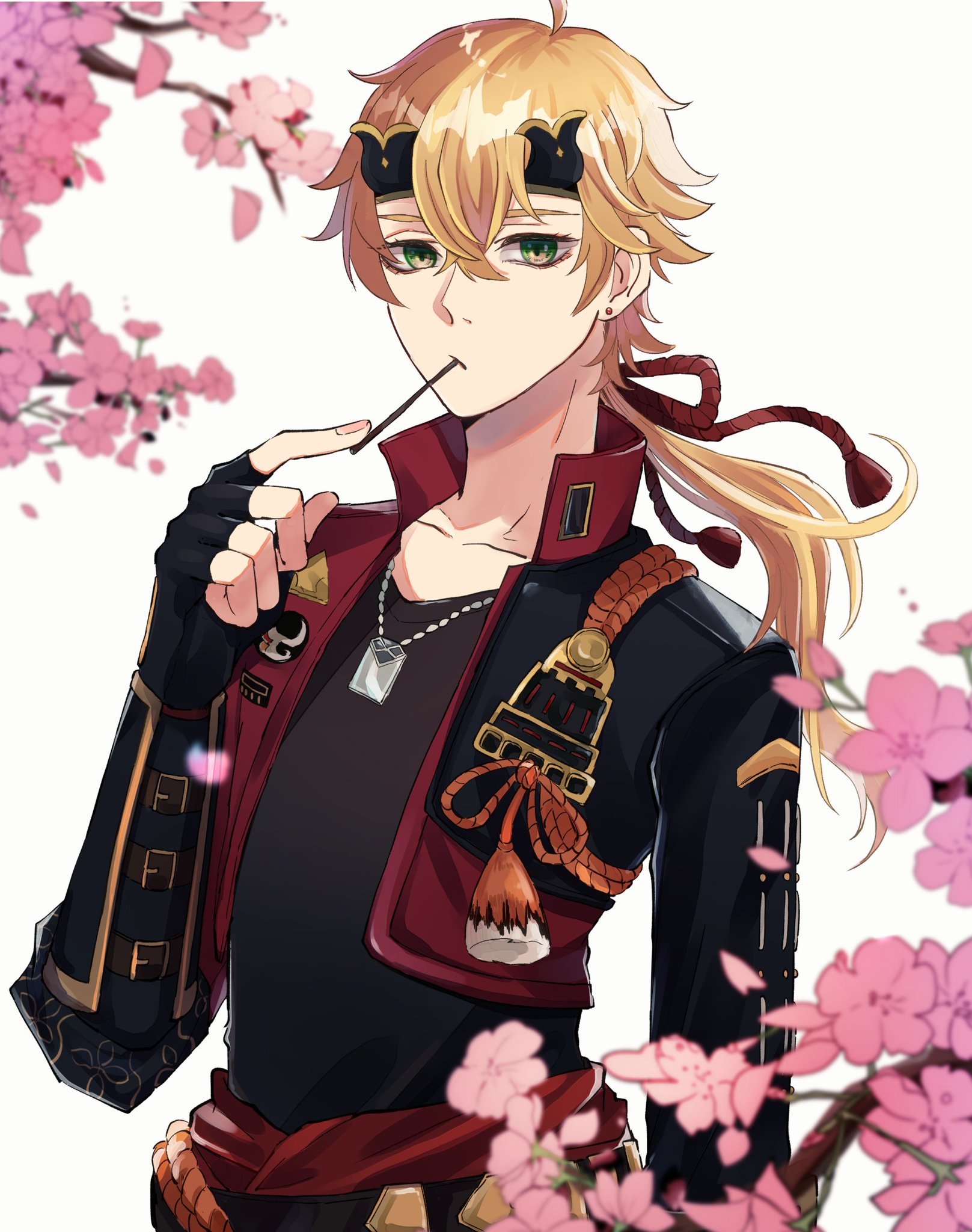 an anime character is standing and looking to the right. he has long blond hair pulled back, and he's wearing a black jacket with red lining. he's got a white necklace on and is holding a black object between his teeth. his left arm is wrapped in a black strap. in the background, there are pink cherry blossoms.
