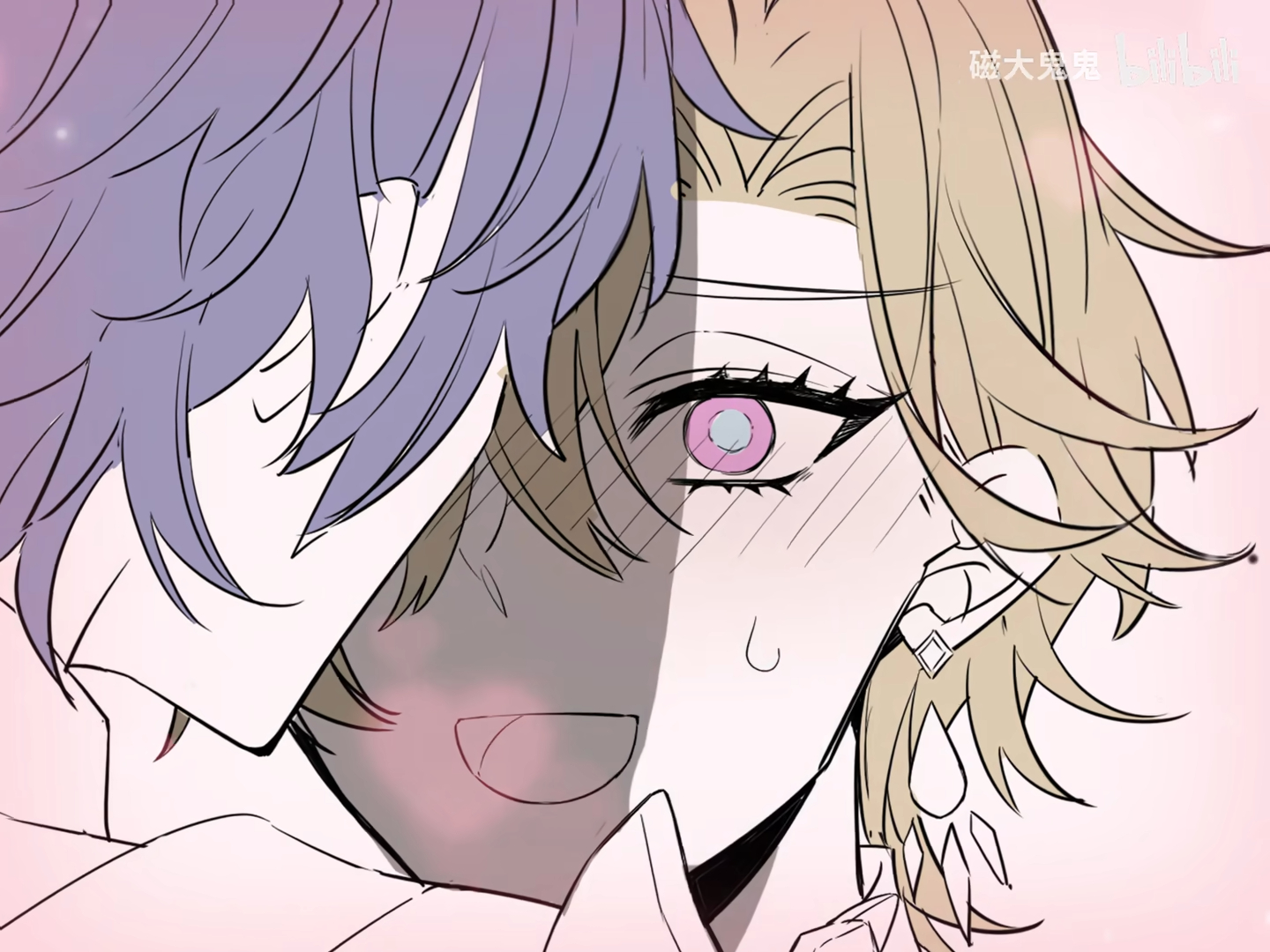 he image is a closeup drawing of two animestyle boys embracing.  one has purple hair and the other has blonde hair. their faces are close together, and both are blushing. the style is soft and romantic, with a focus on the characters' expressions and the tenderness of their embrace. the art is primarily line art with soft shading and color washes, giving it a delicate and somewhat unfinished feel. the overall mood is one of intimacy and affection.  a watermark or artist signature is partially visible in the upper right corner.