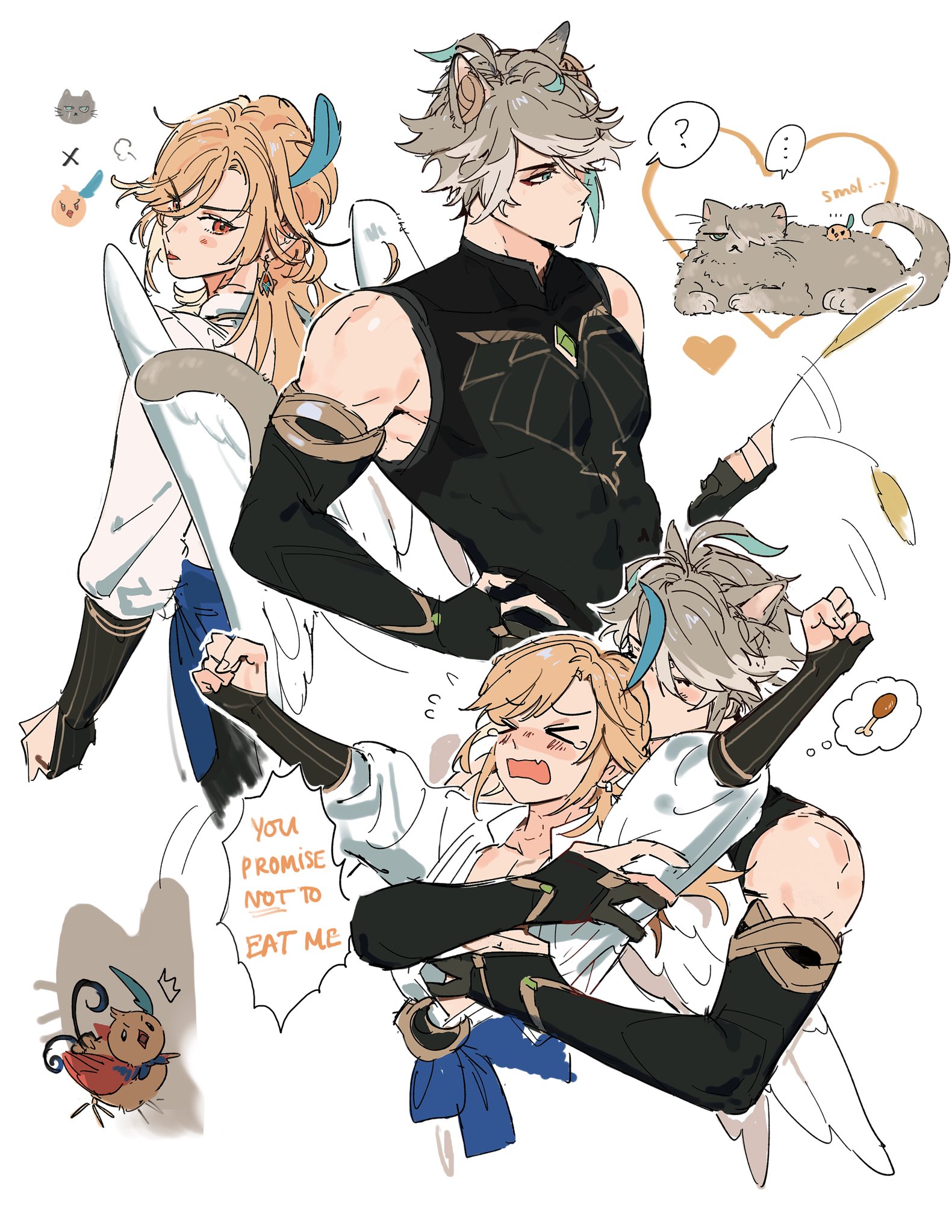 this is an illustration of a scene between two anime characters. there is a male character with white hair and a female character with blonde hair, both with wings. the male character is holding the female character tightly and is looking at her with a playful expression. the female character is struggling to get free, with a shocked and frustrated expression. there are also two cats in the picture, one on the male character's shoulder and another in the background, looking at them. the overall atmosphere of the illustration is lighthearted and romantic.