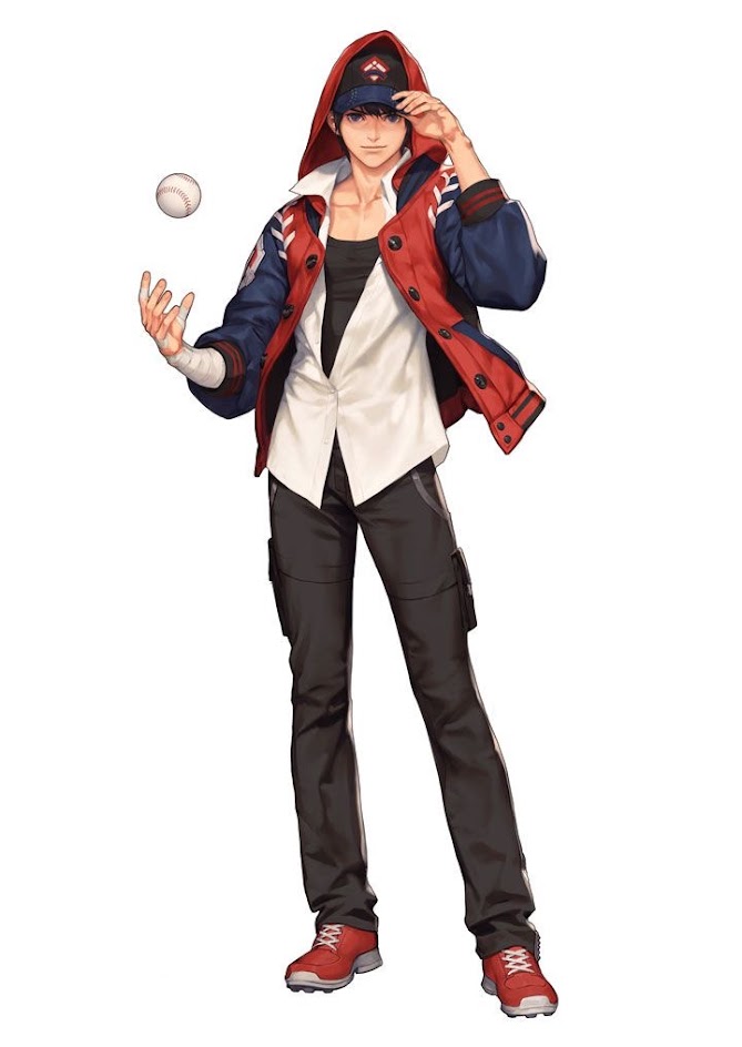 this is a digital illustration of a young male anime character. he's wearing a red hooded jacket, white buttondown shirt, black pants, a black baseball cap and red shoes. he's holding a baseball in his right hand. he's looking at the baseball with a relaxed expression. he's leaning back in a casual, confident pose.