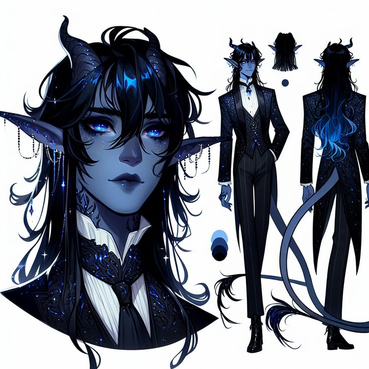 the image shows a character design of a tiefling. the tiefling has dark blue skin, long black hair, blue eyes, and horns. they are wearing jewelry and formal wear. there is a full body front and back shot in addition to a bust shot.