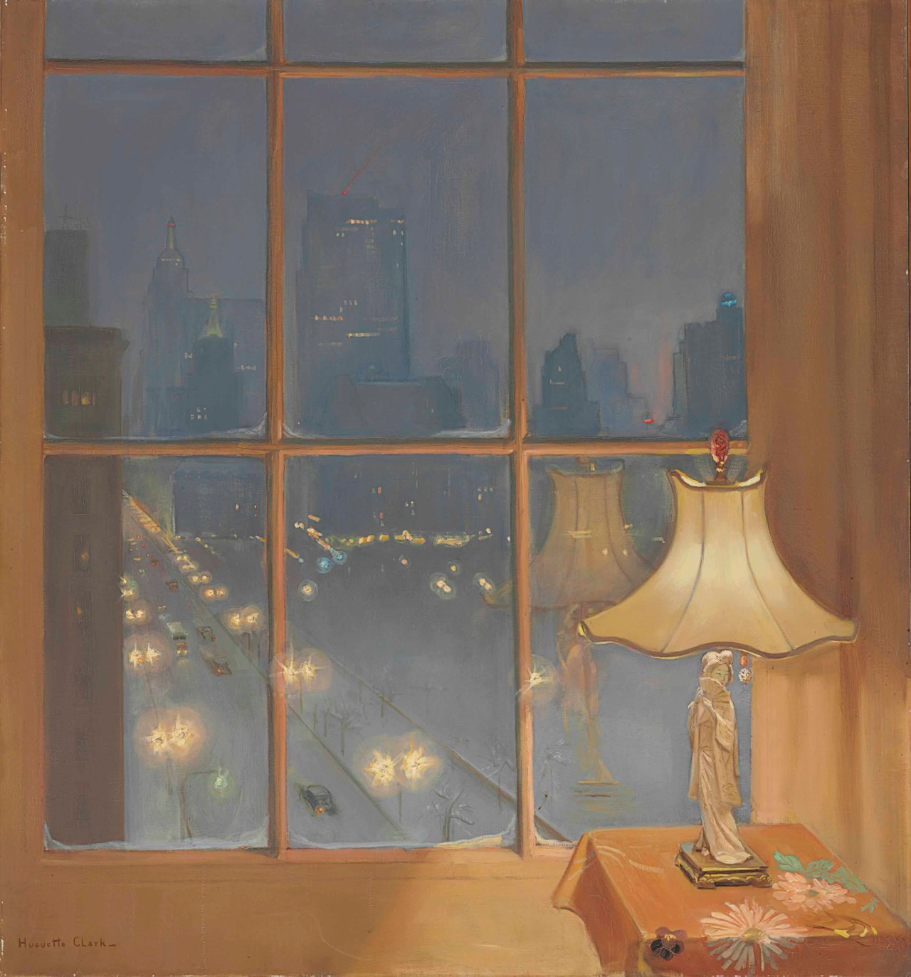 the image is a painting of a city street at night, as seen from a window. the view is framed by the windowpanes, and the street below is illuminated by streetlights and car headlights. the warm glow of a lamp on a table in the foreground provides a contrast to the cool blue tones of the city scene. the painting evokes a sense of peace and tranquility despite the bustling cityscape outside.