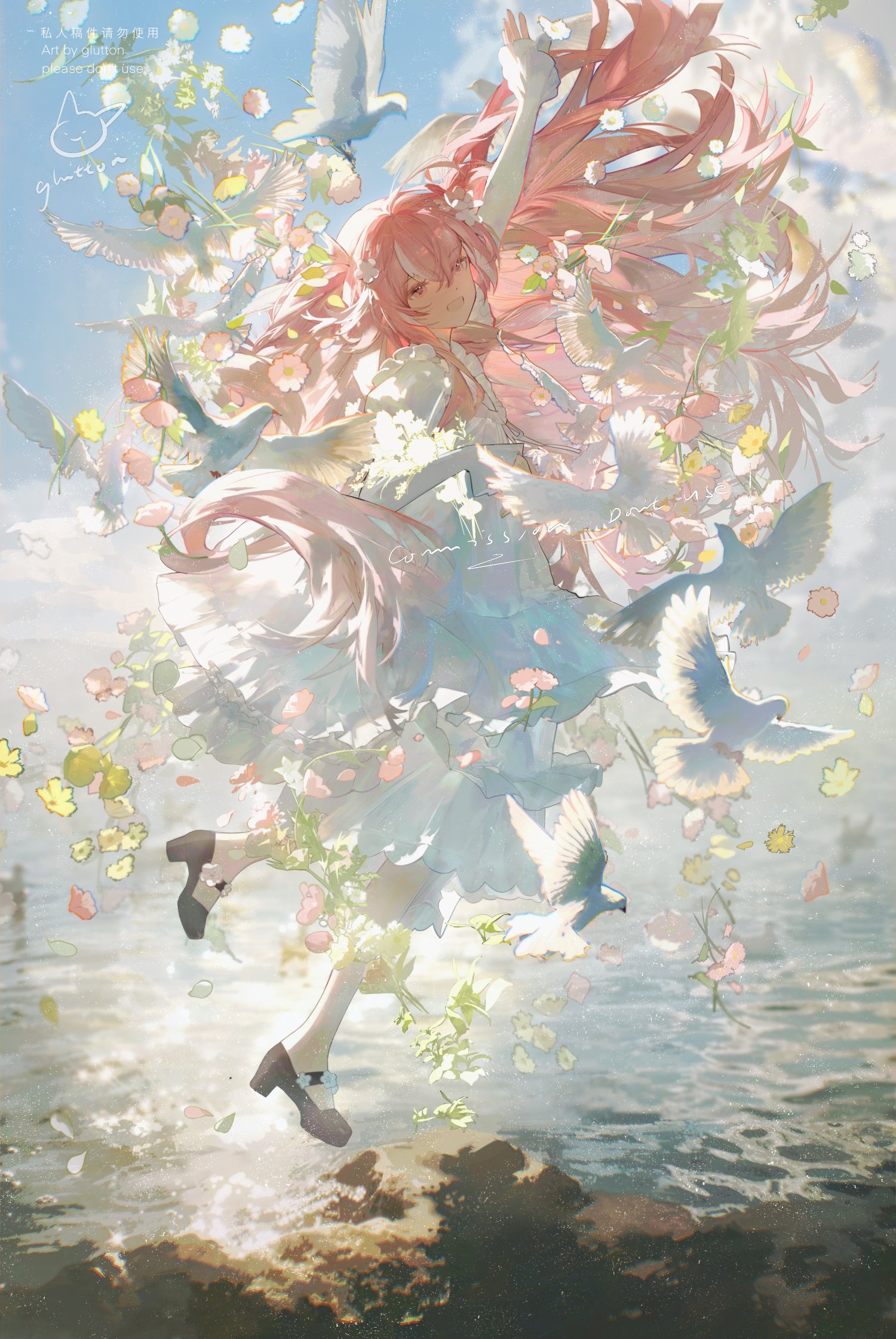 the image is a vibrant digital painting or illustration depicting an animestyle girl with long, flowing pink hair. she is wearing a light, flowing dress with shades of white and blue. the girl is dynamically posed midair, seemingly leaping or floating amidst a flurry of white doves and pastelcolored flowers. the setting appears to be near the ocean, with rocks visible at the bottom. the overall style is ethereal and dreamy, characterized by soft, pastel colors and a whimsical atmosphere.  the image conveys a sense of serenity and magic.