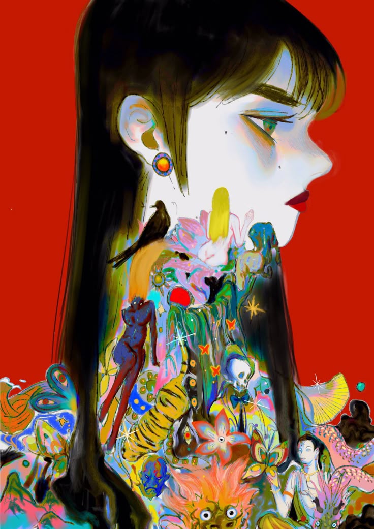 the image is a surreal and imaginative illustration of a woman in profile with long black hair, red lips, and an earring. her neck and torso are filled with a fantastical scene including a bird, flowers, a tiger, a skeleton, and various figures, creating a colorful and bizarre composition against a red background.