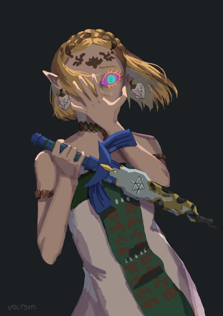 this is a digital art piece featuring an animestyle princess. the princess is dressed in tribal clothing and has a sword that is embellished with a triforce symbol. she is holding her hand over her face and looking down at the ground, with one eye that has a rainbow colored iris visible.