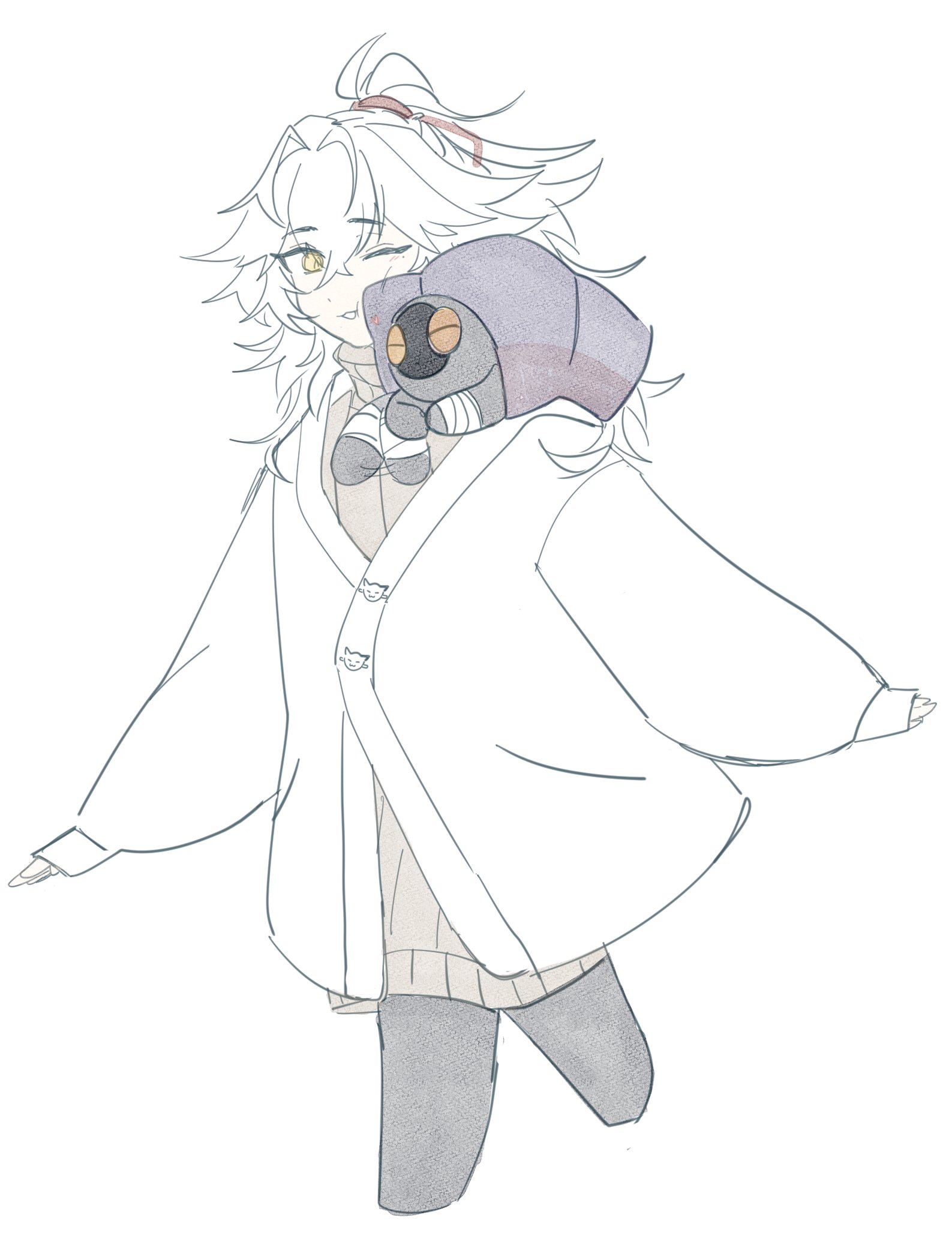 a cartoon drawing of a cute anime girl with long white hair, wearing a white coat and black tights. she is holding a gray and black plush toy.