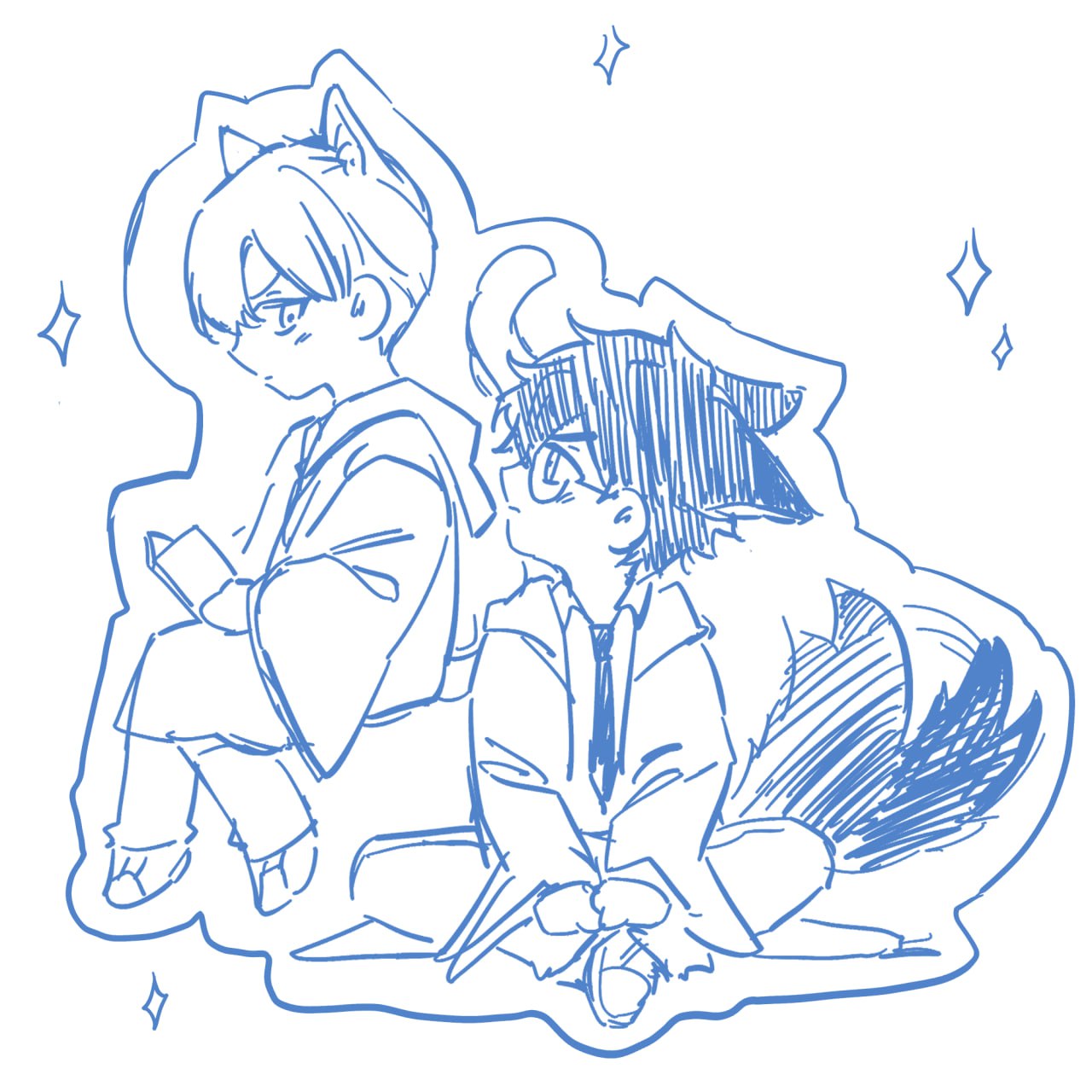 bluetoned line art sketch of two animestyle characters sitting together. one is wearing a kimono and holding a book, while the other wears a jacket and tie. both have wolflike ears. the style is simplistic and cute.  the sketch is enclosed within a roughly drawn cloudlike border.  sparklelike elements are added to the background.