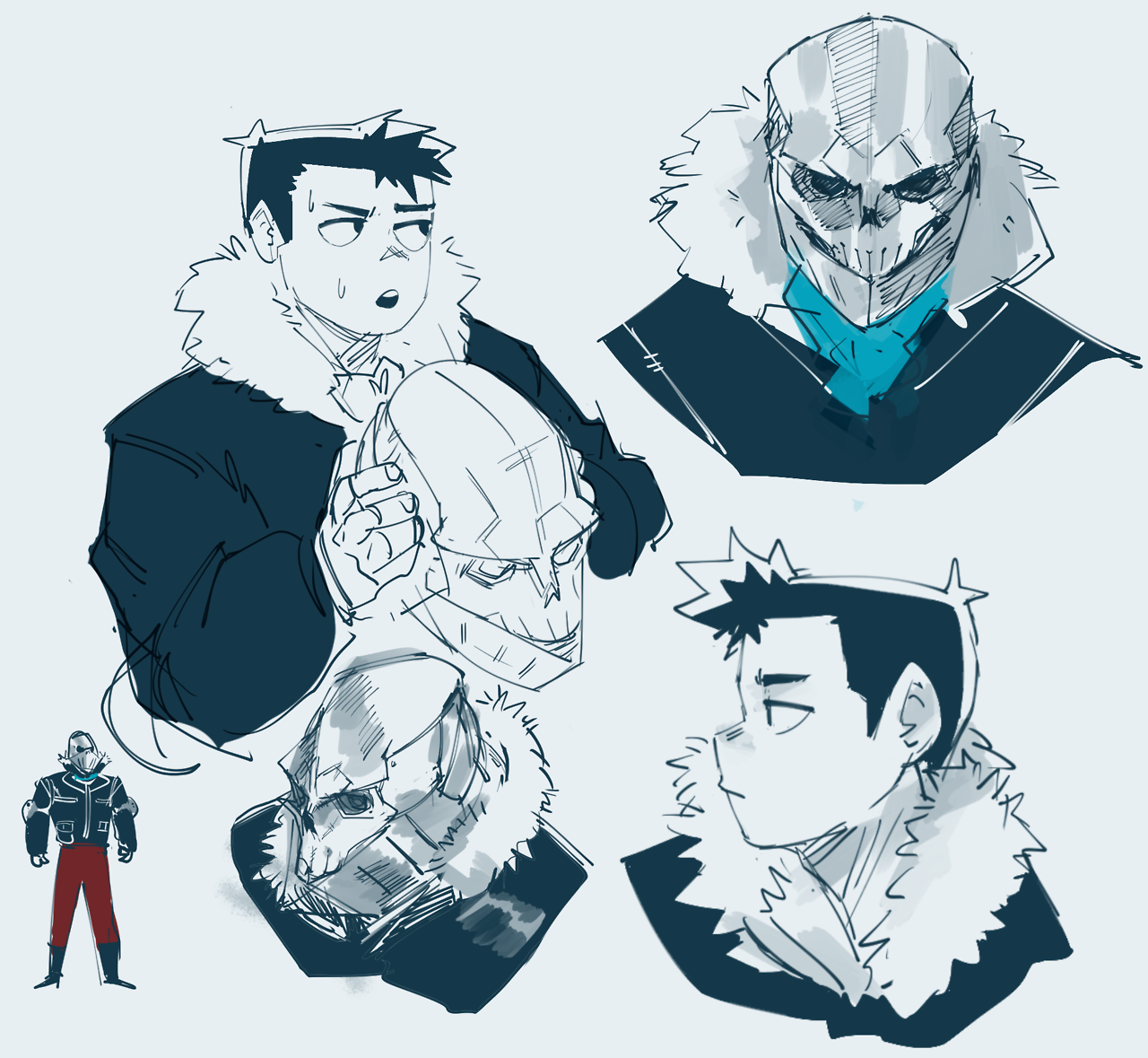 this is a drawing of four different anime characters. the first character on the left is holding a mask over his head, the second is a side profile of a character with fur, the third is a masked character with fur, and the last character on the right is a man in a black and white coat with a white skull mask. the artist used a sketchy style to depict the characters.