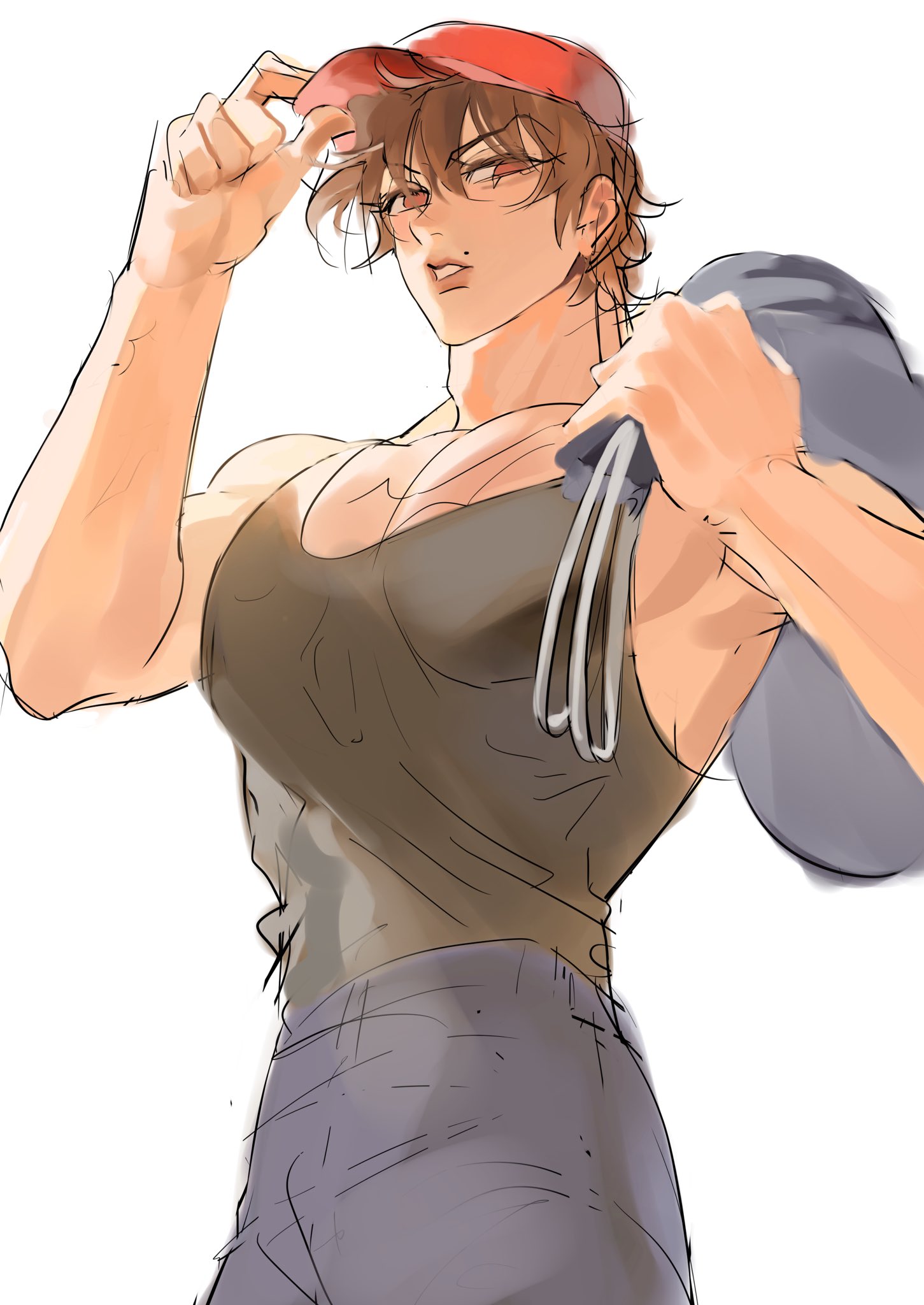 this is a digital illustration of an anime male character. he is wearing a red hat, a tank top, and jeans. he is carrying a bag slung over his shoulder and has a muscular build. he is looking at the viewer and has a serious expression. the art style is very clean and polished.