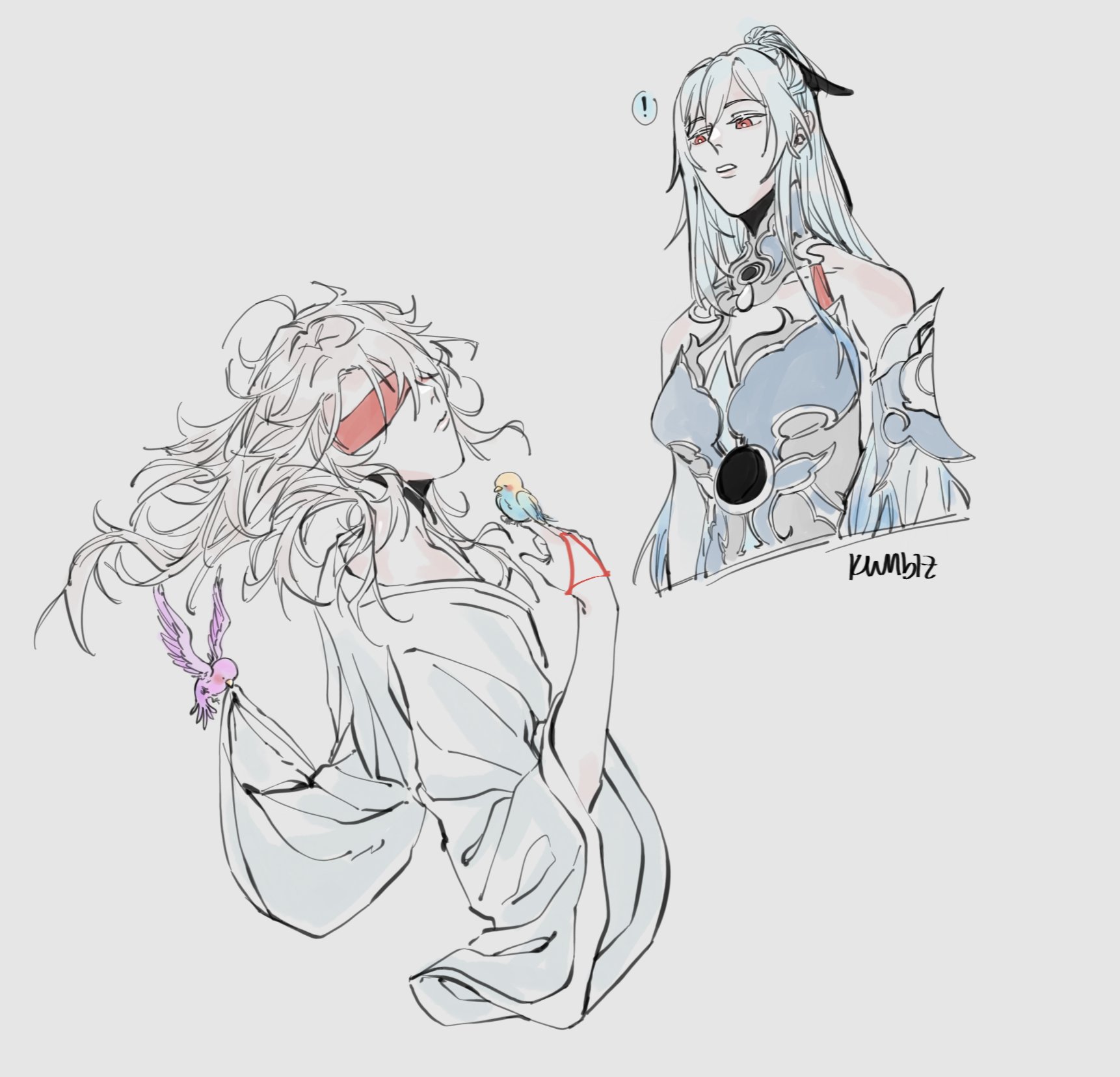 this illustration shows a drawing of two anime/manga girls. one is with long white hair and a blue outfit. the other is laying down with long white hair and a white robe. the girl in the white robe has a red blindfold over her eyes, and a bird perched on her shoulder.  there is a second, smaller bird in the bottom left.  the drawing is a bit rough, showing the artist's strokes.