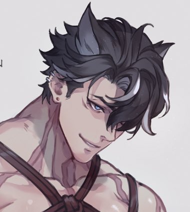 a closeup portrait of an attractive anime male character with black and white hair,