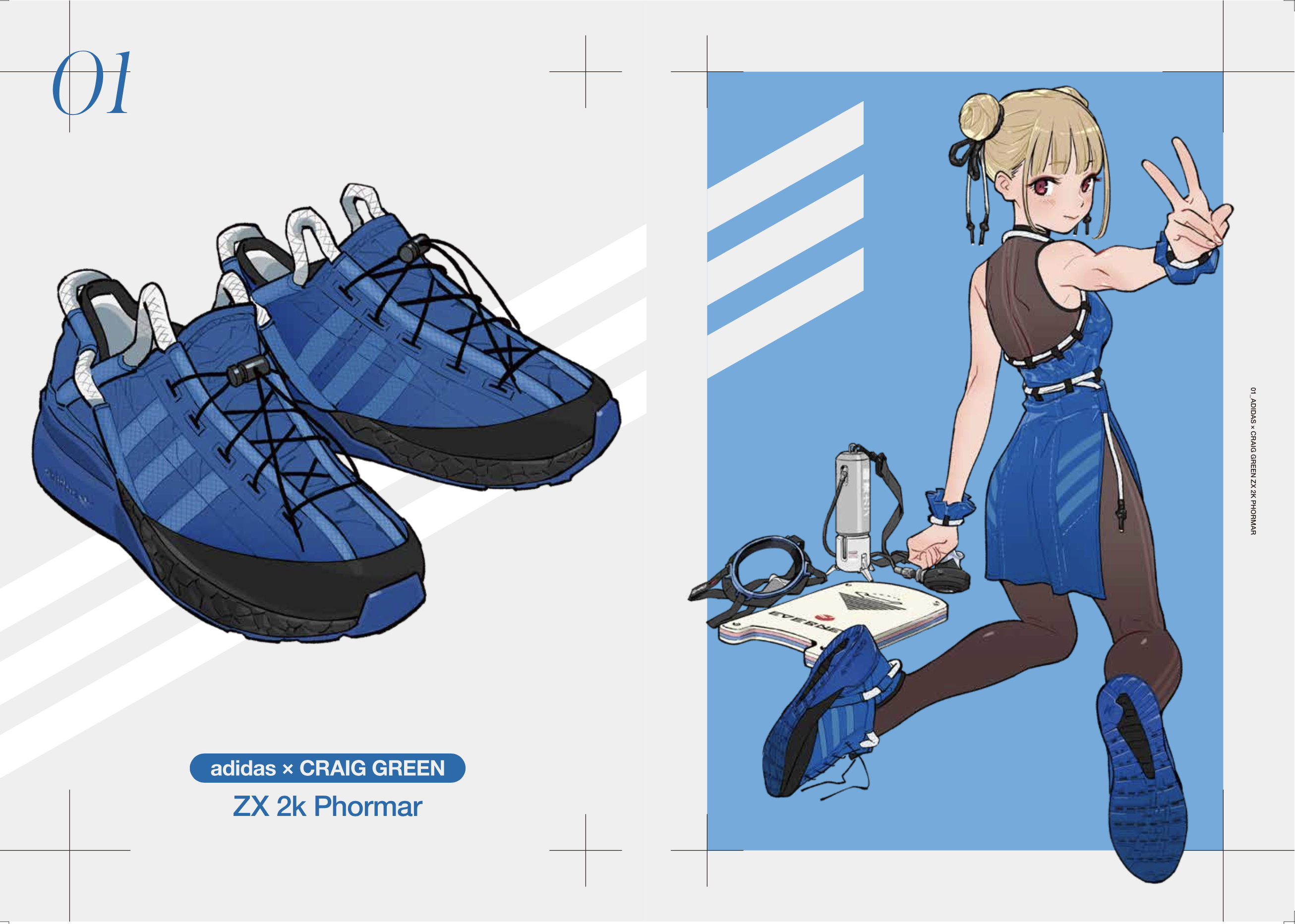 he image showcases a collaboration between adidas and craig green, featuring the zx 2k phormar sneakers.  the illustration displays a pair of blue sneakers prominently, with a closeup view highlighting their design. alongside the sneakers, an animestyle girl is depicted wearing similar blue clothing, creating a visually cohesive presentation of the product and its associated aesthetic. the style is a blend of graphic design and illustration, with clean lines and a modern feel.  the overall image is a promotional piece likely used for marketing the adidas x craig green collaboration.