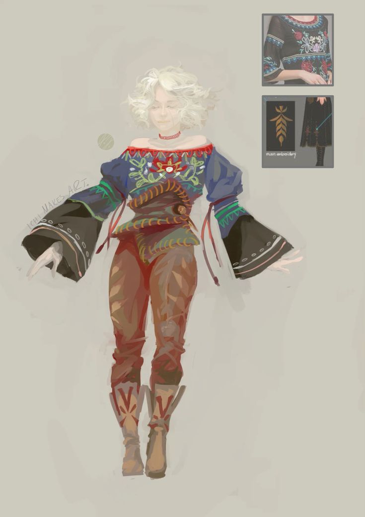 the image shows a concept art piece or character design of a female fantasy character. she has shoulderlength blonde hair and is wearing a vibrant, embroidered peasantstyle outfit. the dress features a dark blue top with multicolored floral embroidery and wide, bellshaped sleeves with additional decorative elements.  the outfit also includes brown leatherlike pants or leggings with a pattern and matching boots with a geometric design. smaller panels show details of the embroidery and alternative clothing options. the overall style is whimsical and suggestive of a magical or folklore setting.  the art style is painterly and loose, with visible brush strokes. the background is a neutral light beige, which focuses attention on the character.