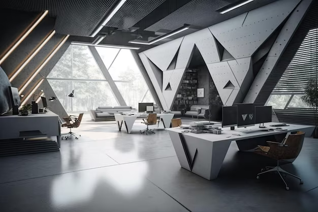 a modern, futuristic office interior with sleek white desks and chairs, multiple computer monitors, a large window with a view of trees, and a gray and white color scheme. the room has a minimalist and clean aesthetic, with a focus on functionality and technology. the lighting is bright and natural, and the overall atmosphere is professional and inviting.