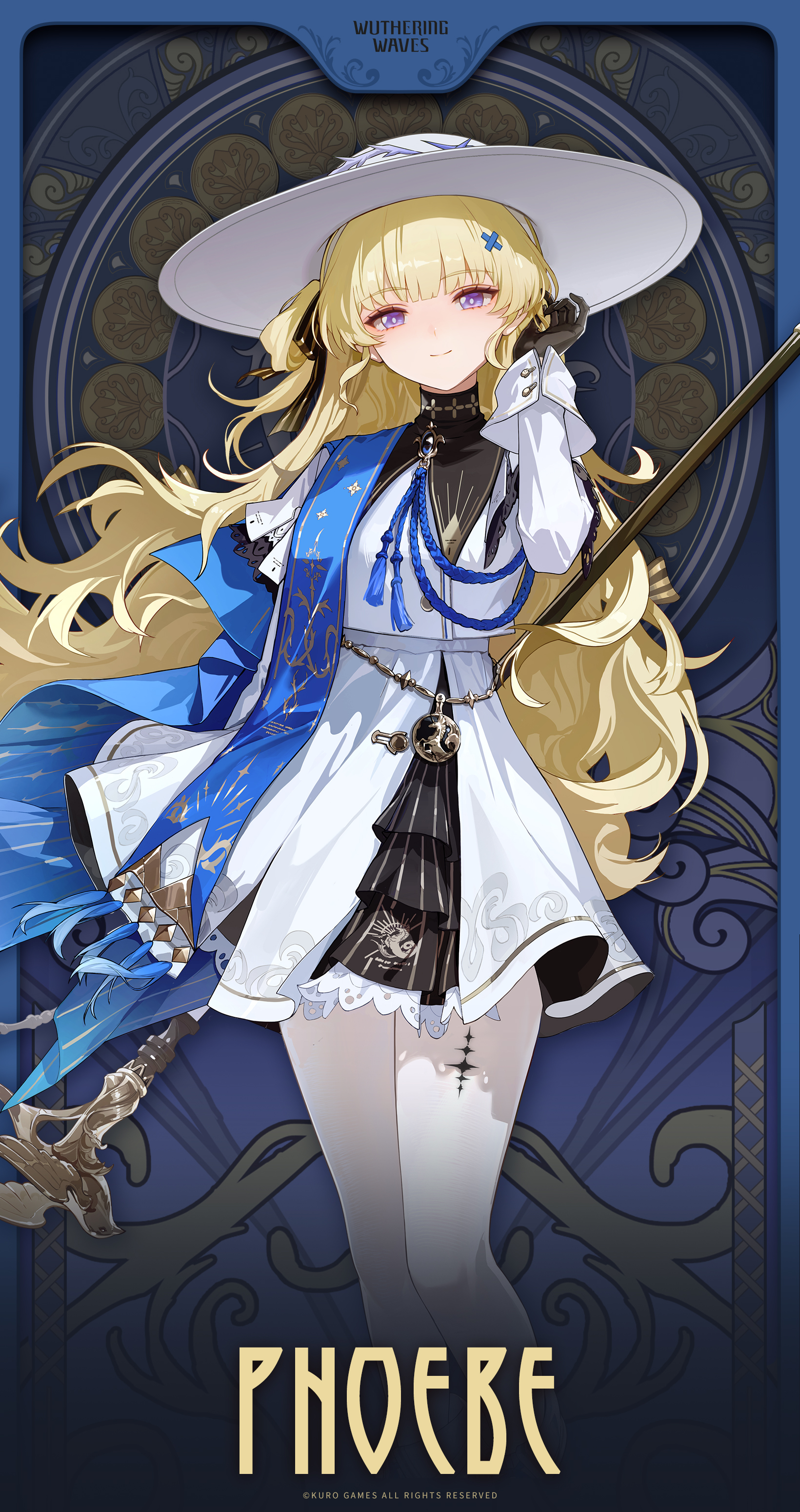 this is a digital illustration of phoebe, a character from the game "withering waves". she is an animestyle girl with long blonde hair, wearing a large white hat and an elegant blue and white dress.  she holds a staff and is posed against an ornate, dark blue background featuring swirling patterns. the image is styled as a character portrait, possibly for a collectible card or ingame asset. the overall aesthetic is fantasythemed with a touch of magic and mystery.