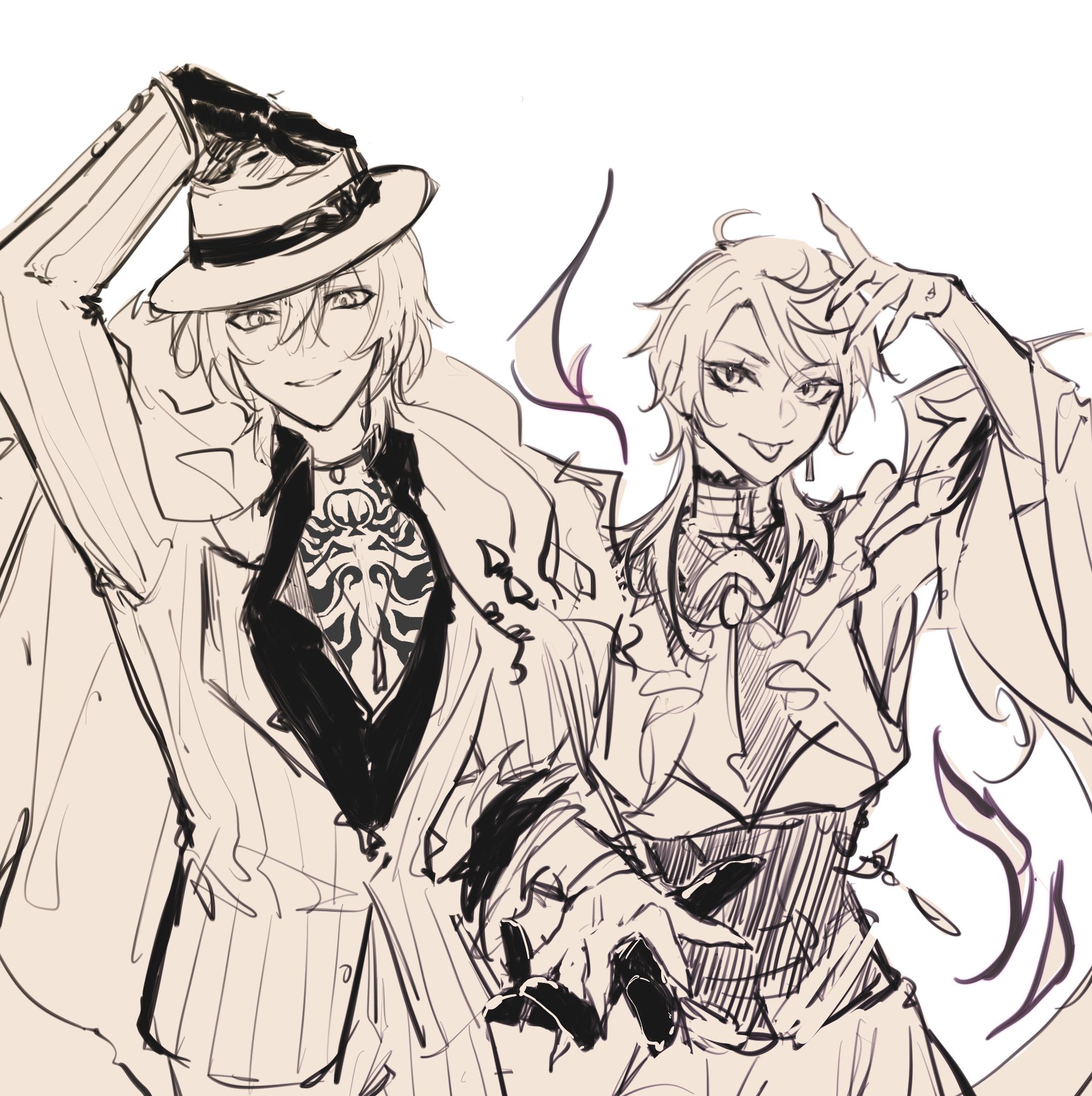 this is a drawing of two anime characters, one male and one female. the male character is wearing a suit and a hat, and he has a serious expression. the female character is wearing a dress and has a playful expression. they are both in dynamic poses and appear to be interacting with each other.