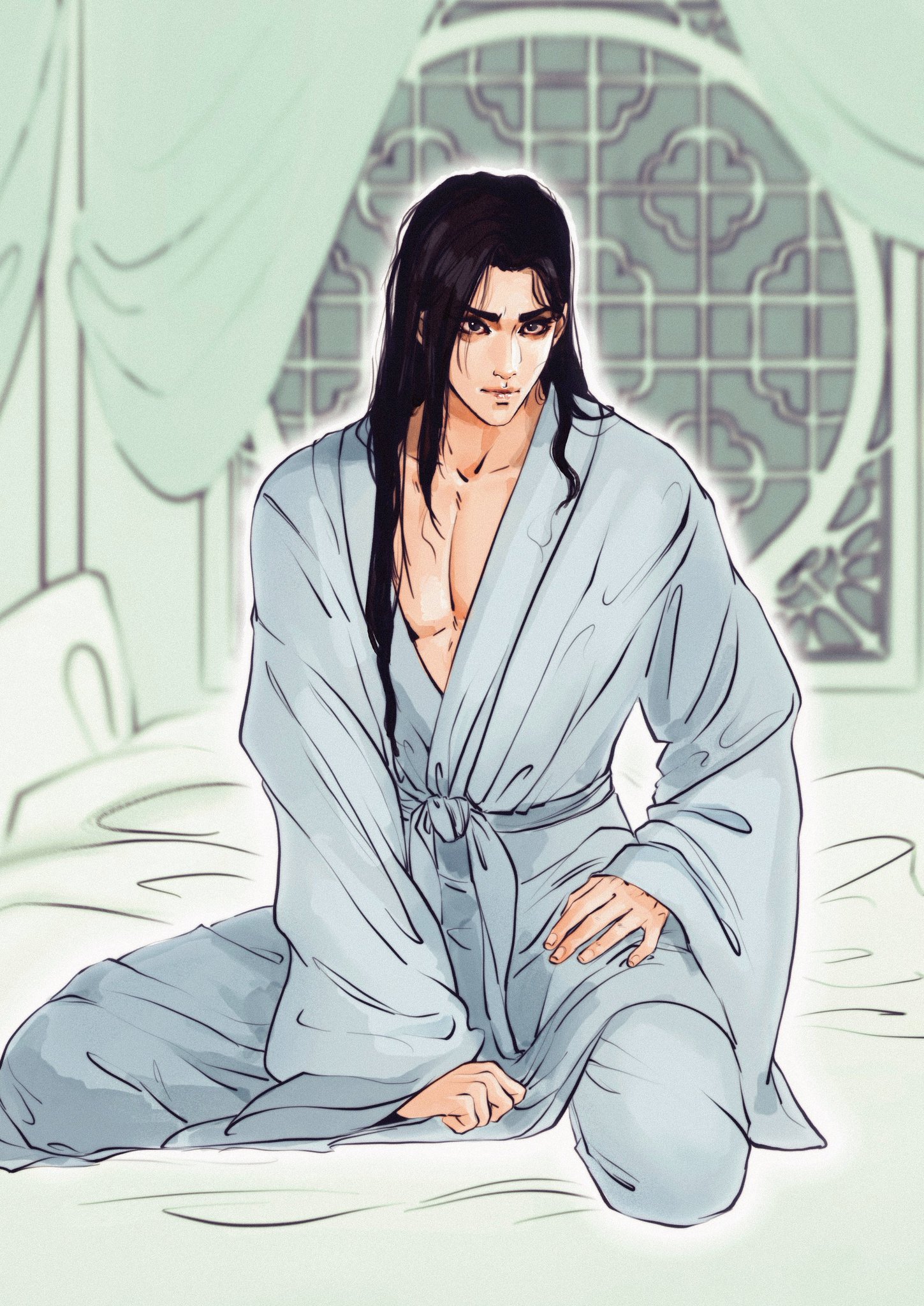 an artistic illustration depicts a fairskinned man with long, dark hair, wearing a loosely tied light blue robe. he is seated on a bed, his posture suggesting a relaxed yet attentive pose. behind him, a window with intricate patterns filters soft light into the room, complementing the serene atmosphere of the scene.
