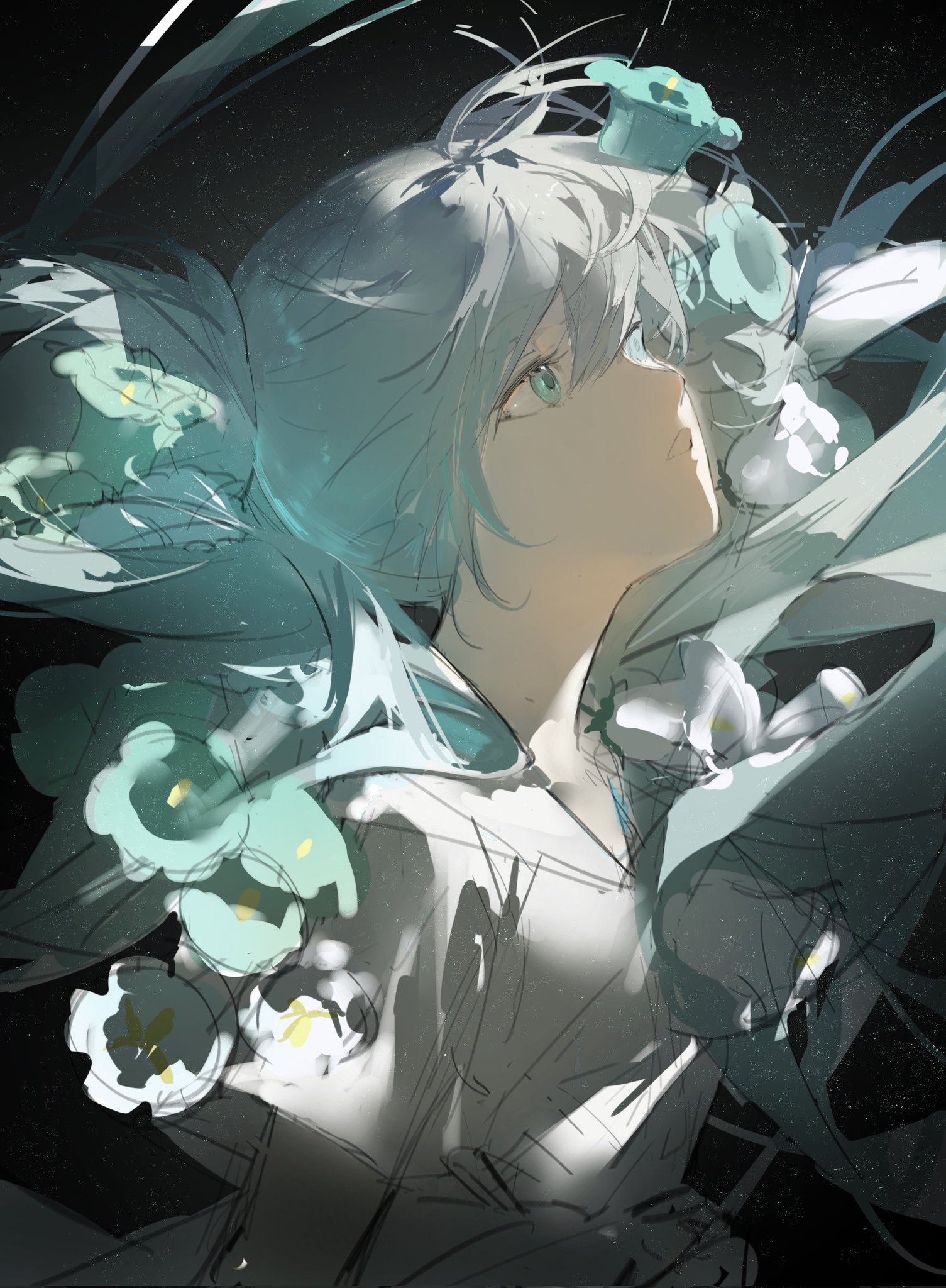 the image is a digital painting or illustration of a young woman with long, flowing teal and white hair. she is surrounded by stylized flowers, primarily in shades of teal and white. her expression is serene and peaceful. the style is ethereal and dreamy, with soft lighting and shading creating a mystical atmosphere. the background is dark, contrasting with the lighter tones of the subject and the flowers. the overall impression is one of elegance and grace.