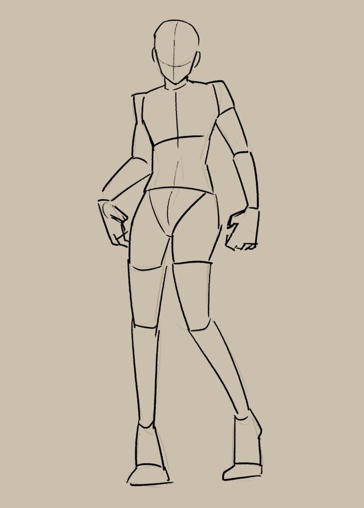 a sketch of a female figure with stick figure lines and minimal details. the figure is standing with her weight on one leg and her arms bent. the drawing is done in black ink on a beige background.