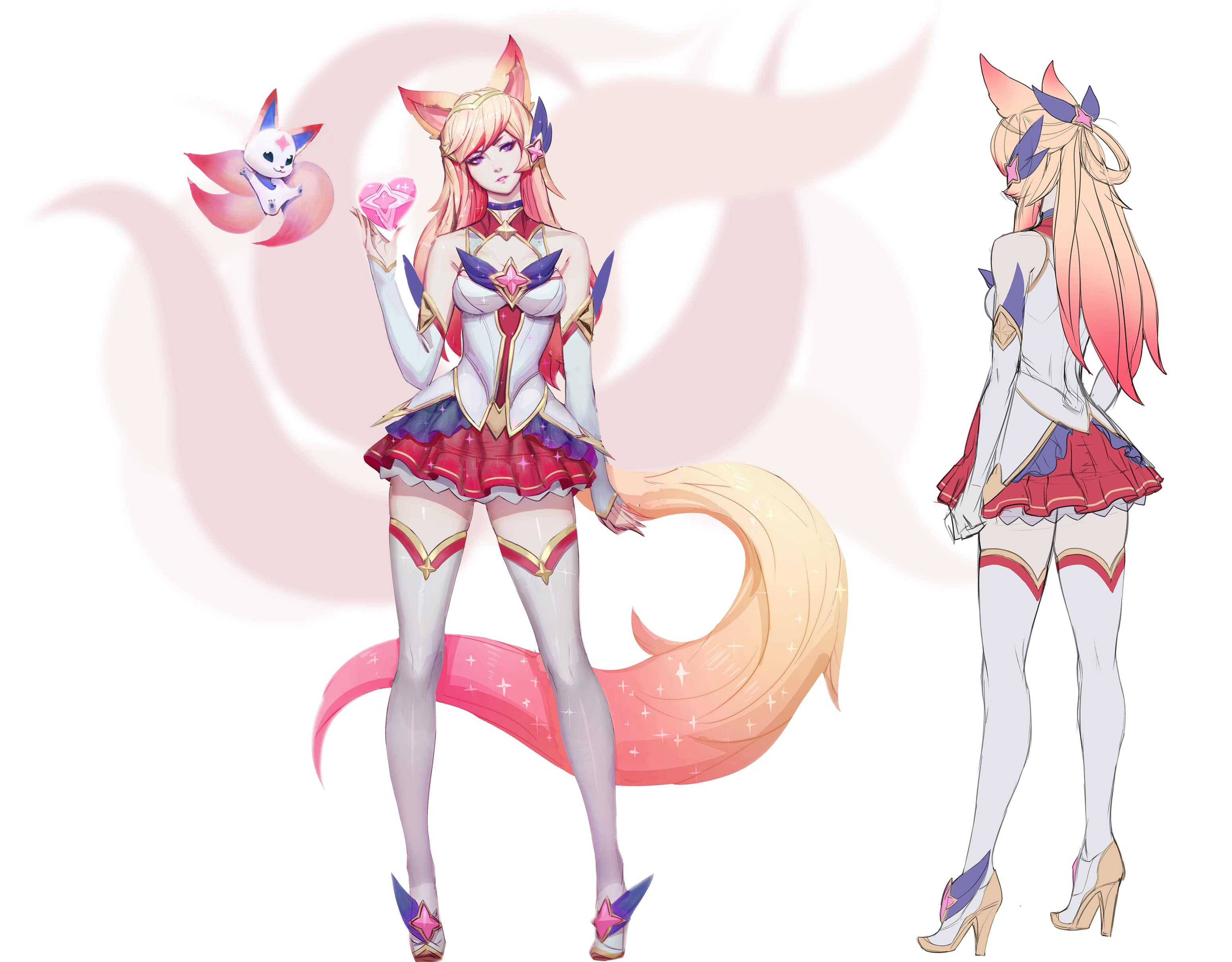 this is a digital illustration of ahri, a character from the video game league of legends. she is dressed in her star guardian skin. she is holding a pink heart in her right hand.  she has a long, fluffy yellow and pink tail. she is standing on a white background. the illustration shows ahri from the front and back. she is  a magical girl and is cute and adorable.