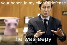 a meme image with a lawyer in a courtroom defending his client, a pink pokemon,  in a humorous way. the caption reads "your honor, in my client's defense... he was eeepy." the lawyer is wearing a dark suit, with a serious expression on his face. the pokemon is sitting on the table, with a sad and tired look on its face.  the image is a humorous take on the legal system and the absurdity of some legal cases.