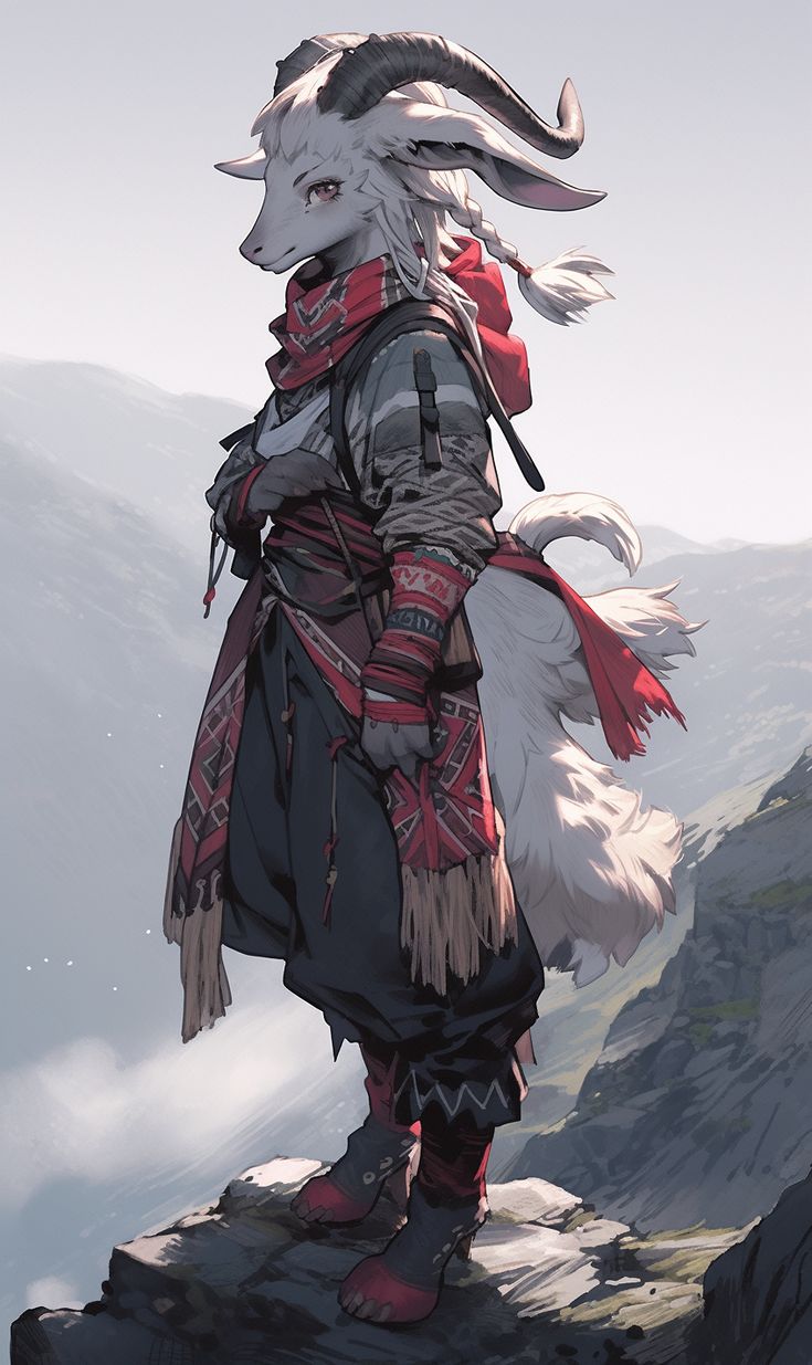an anthropomorphic goat figure is standing on a rocky outcrop, overlooking a mountainous landscape. the goatperson is dressed in traditional clothing with red and gray patterns, including a scarf and decorative wraps. they have large, curved horns, a fluffy white tail, and their fur is primarily white. the background features hazy mountain peaks and a cloudy sky.