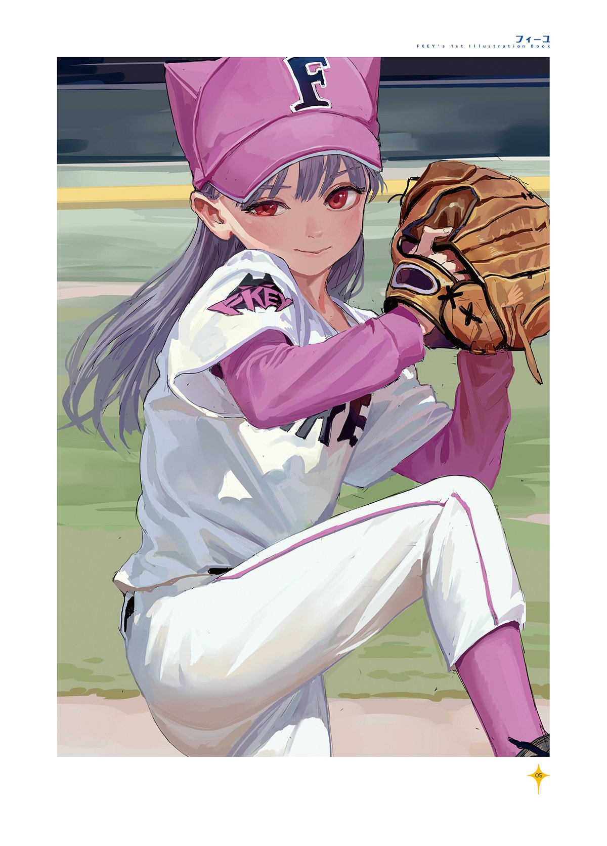 the image shows an animestyle girl in a baseball uniform. she is wearing a pink baseball cap with a large "f" on the front, a white jersey with pink long sleeves underneath, and white pants. she has red eyes and grey hair. she is holding a baseball glove up, seemingly about to throw a ball. the background suggests a baseball field.
