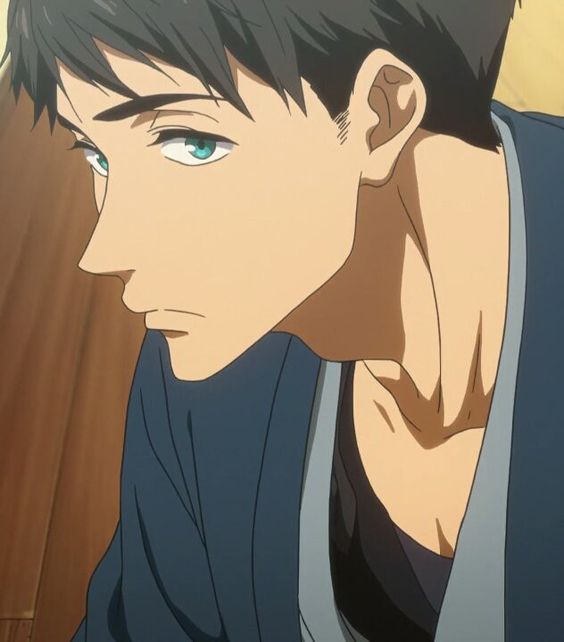 the image shows a closeup portrait of an anime man with dark hair and blue eyes. he has a serious expression on his face and is looking to the left. he is wearing a dark blue shirt. the background is blurry, but appears to be a room with wooden walls. the lighting is soft, creating a calm and contemplative mood.