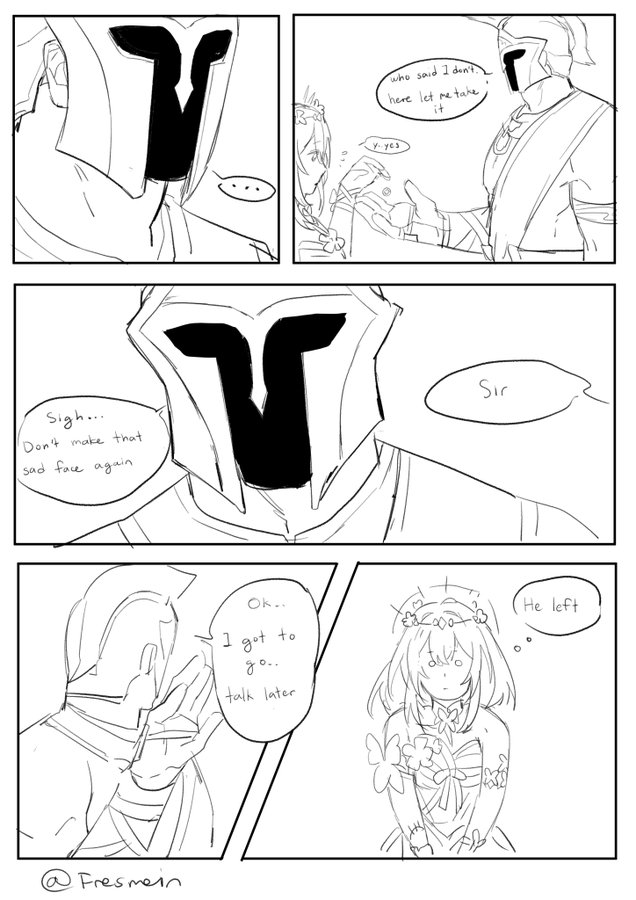 the image is a fourpanel comic. in the first panel, a male character in a helmet looks down, and the second panel shows him taking an item from an anime girl with a flower crown, saying "who said i don't, here let me take it." she responds "yyes". in the third panel, the helmeted character says "sigh... don't make that sad face again", and the anime girl says "sir". in the fourth panel, the helmeted character says "ok... i got to go... talk later", and the anime girl looks sad and says "he left".