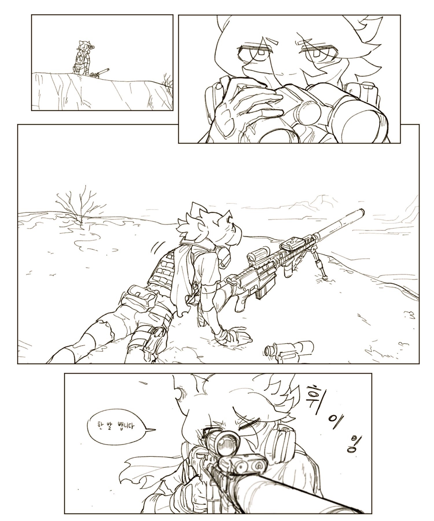 this image depicts a comic panel showcasing a furry character in a military setting. the character, a wolflike creature, is dressed in tactical gear, holding a sniper rifle. the scene suggests a tense moment during a combat situation. the image is rendered in black and white with detailed line art, highlighting the action and suspense. the character's fierce expression and the focus on the weapon emphasize the serious nature of the situation.