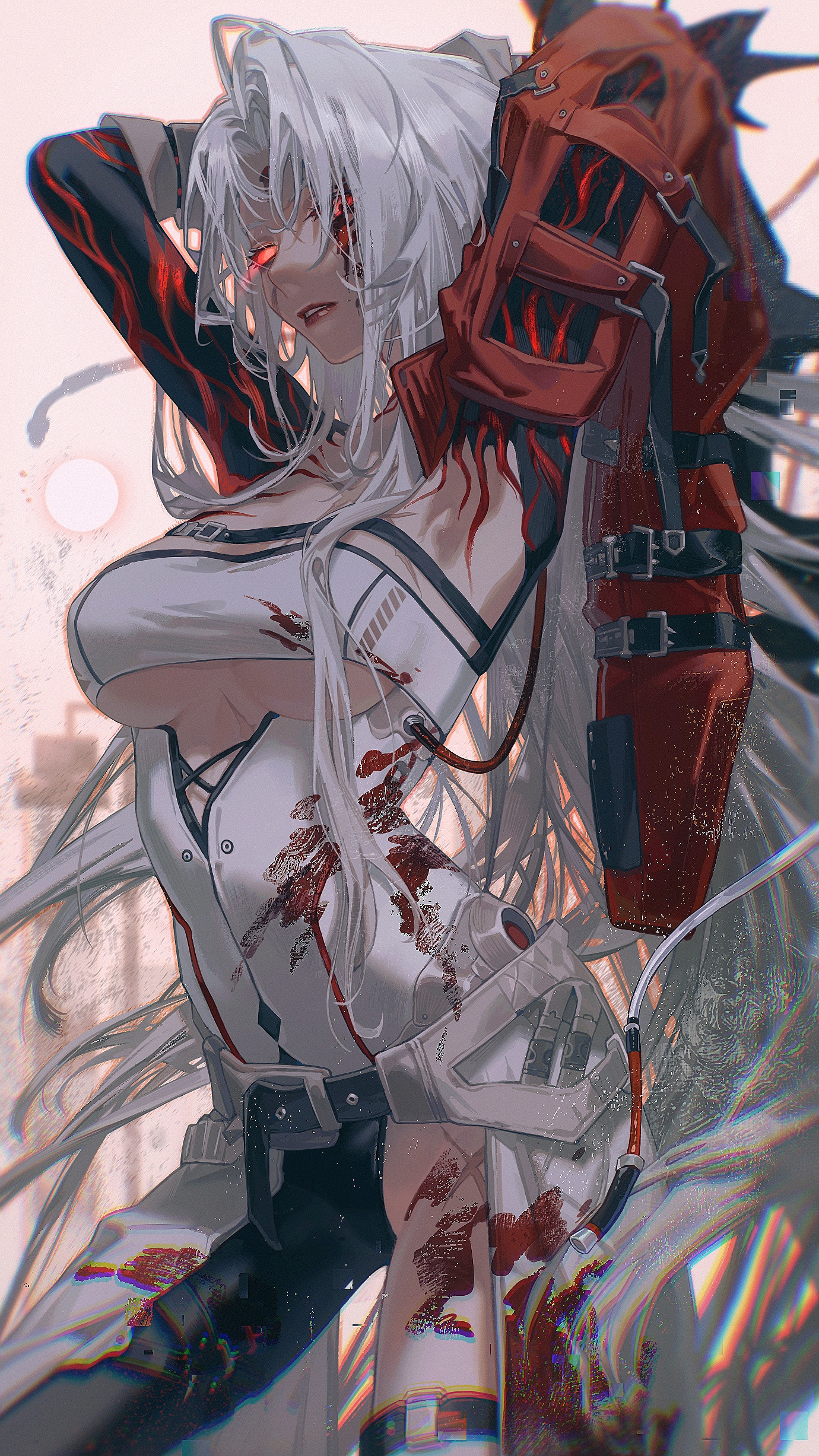the image is a digital illustration of a female anime character with long white hair and red eyes. she's wearing a futuristic outfit and has a weapon attached to her arm. she is covered in blood, which suggests she's just been in a battle. the character's expression is determined, and she looks ready for more action. the background of the image is blurry, suggesting a dynamic scene.