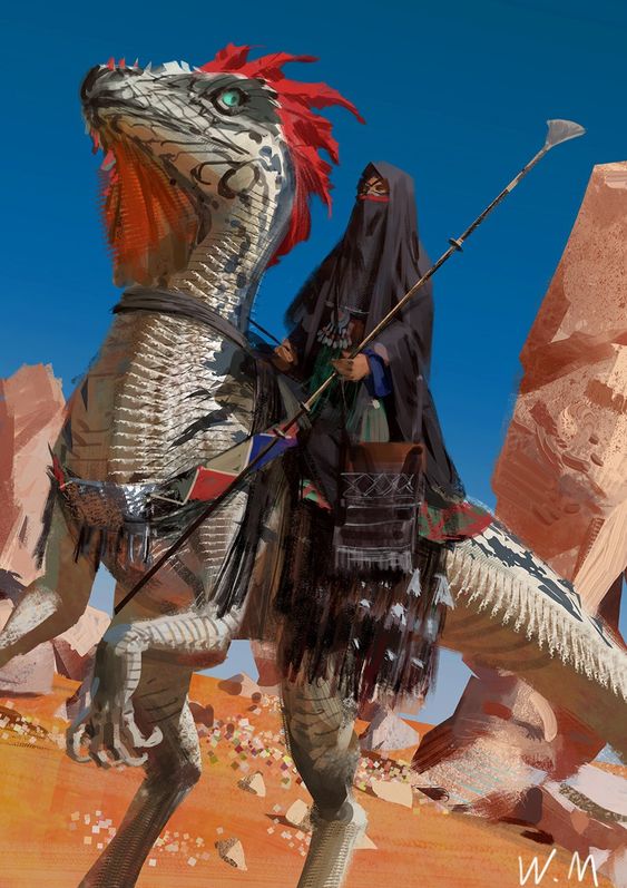 a woman with dark skin and a black veil covering her face rides a large, elaborately adorned raptor through a desert landscape. the raptor has white scales, a red crest, and blue markings around its eyes. the woman wears tribal attire and carries a spear.  the scene is brightly lit by the midday sun, casting long shadows across the sandy ground.