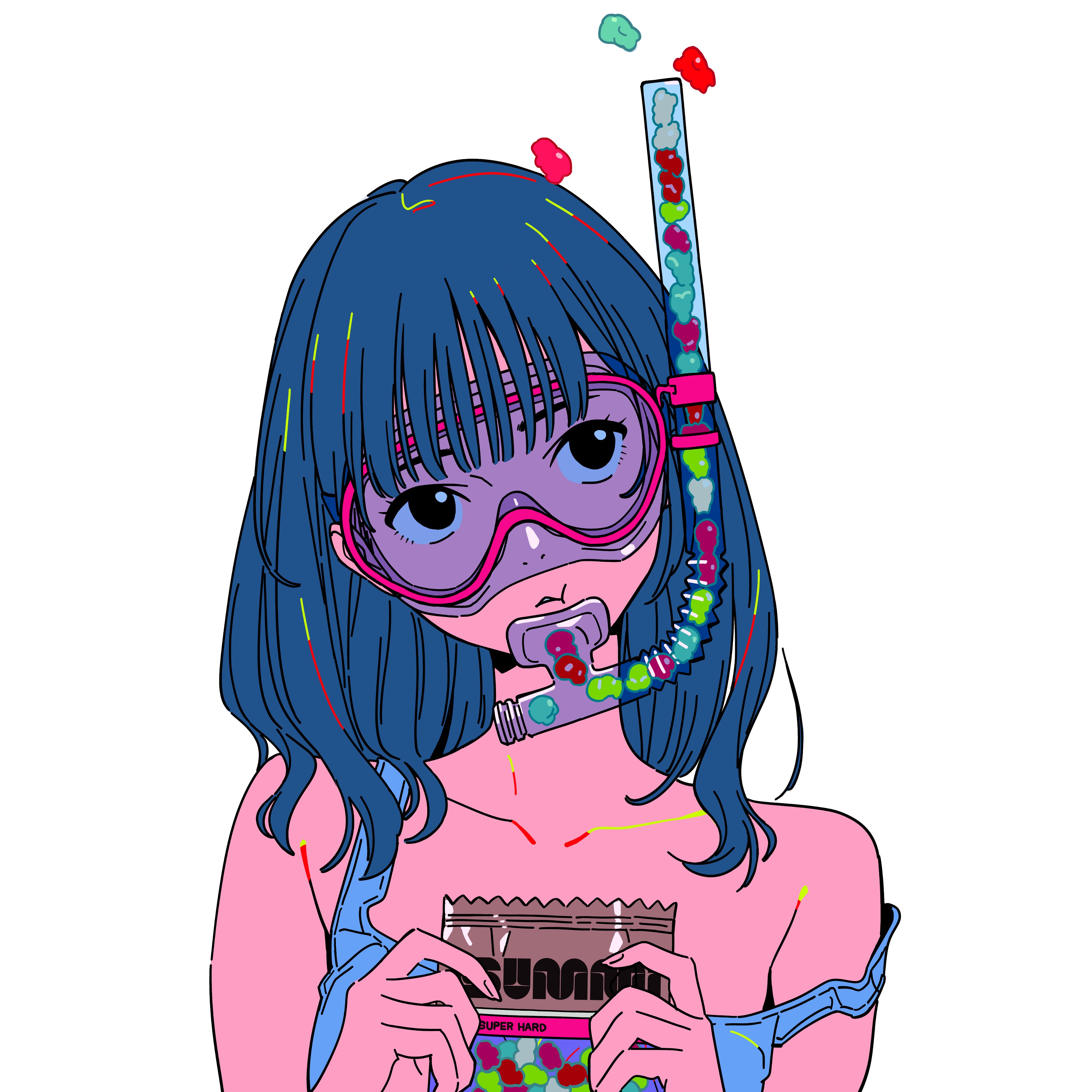 the image is a vibrant digital illustration of an animestyle girl with long blue hair.  she's wearing a pink scuba mask and snorkel, which is filled with colorful gummy candies.  she's holding a package of gummy candies in her hands. the overall style is pop artinfluenced, with bold colors and outlines. the background is plain white, focusing all attention on the character and her candyfilled snorkel.  the girl appears somewhat aloof or unconcerned, her expression neutral.