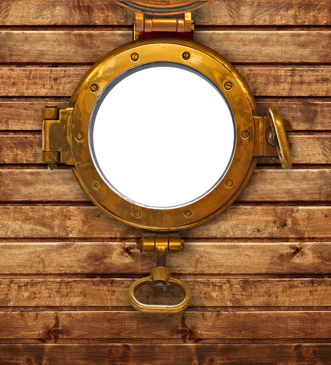 a closeup image of a brass porthole mounted on a wooden wall. the porthole is circular and has a hinged opening mechanism. the wood is arranged horizontally.
