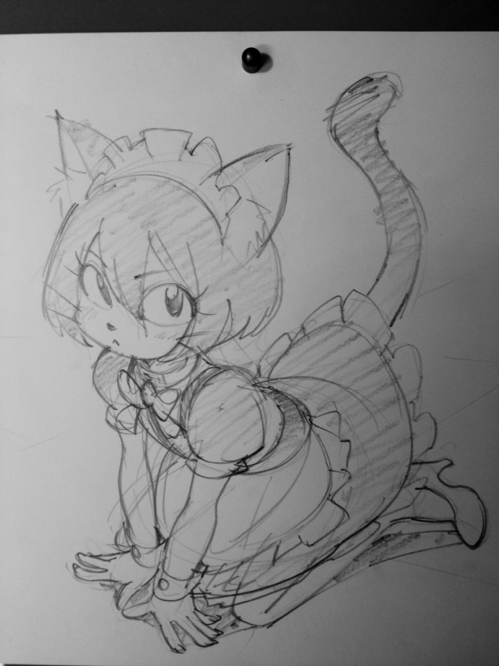 this is a black and white pencil sketch of a young cat girl, drawn in an anime/manga style. she is wearing a maid outfit and is drawn on white paper using primarily a 2b pencil. the perspective is a slight low angle.