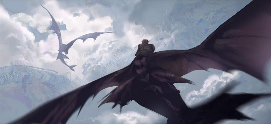 a digital painting depicting a dragon soaring through the clouds, with a rider perched on its back. the dragon is majestic and powerful, with large wings and a long, serpentine body. the rider is clad in armor and appears to be looking ahead, perhaps towards a distant goal. the scene is full of fantasy and adventure, evoking a sense of wonder and excitement. the clouds are fluffy and white, and the sky is a bright blue. the artwork is highly detailed and realistic, and the dragon is beautifully rendered.