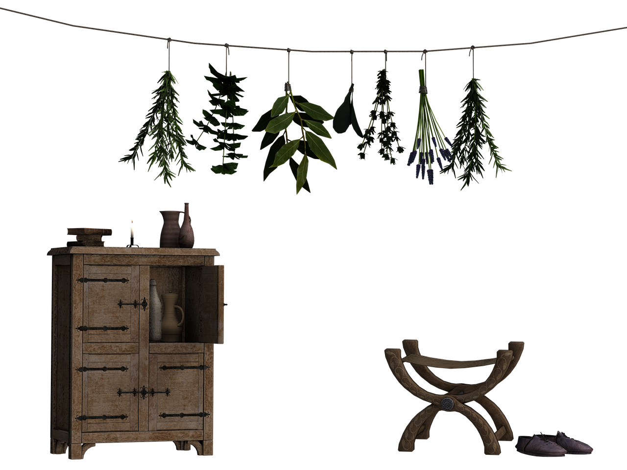a still life image featuring a rustic wooden cabinet, hanging plants, and a stool. the cabinet is filled with bottles and has an open door, while various herbs hang from a string above it. a stool with a unique design stands to the right, with a pair of shoes next to it. the overall scene conveys a vintage and traditional atmosphere.