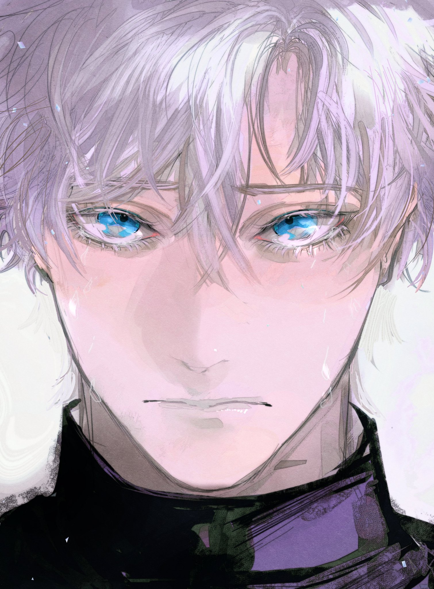a closeup portrait of a male anime character with white hair and blue eyes. he is sad and crying. the character's expression is one of sorrow and despair, with tears streaming down his face. he has a soft, delicate look. the image is done in a digital art style, with soft colors and brush strokes.