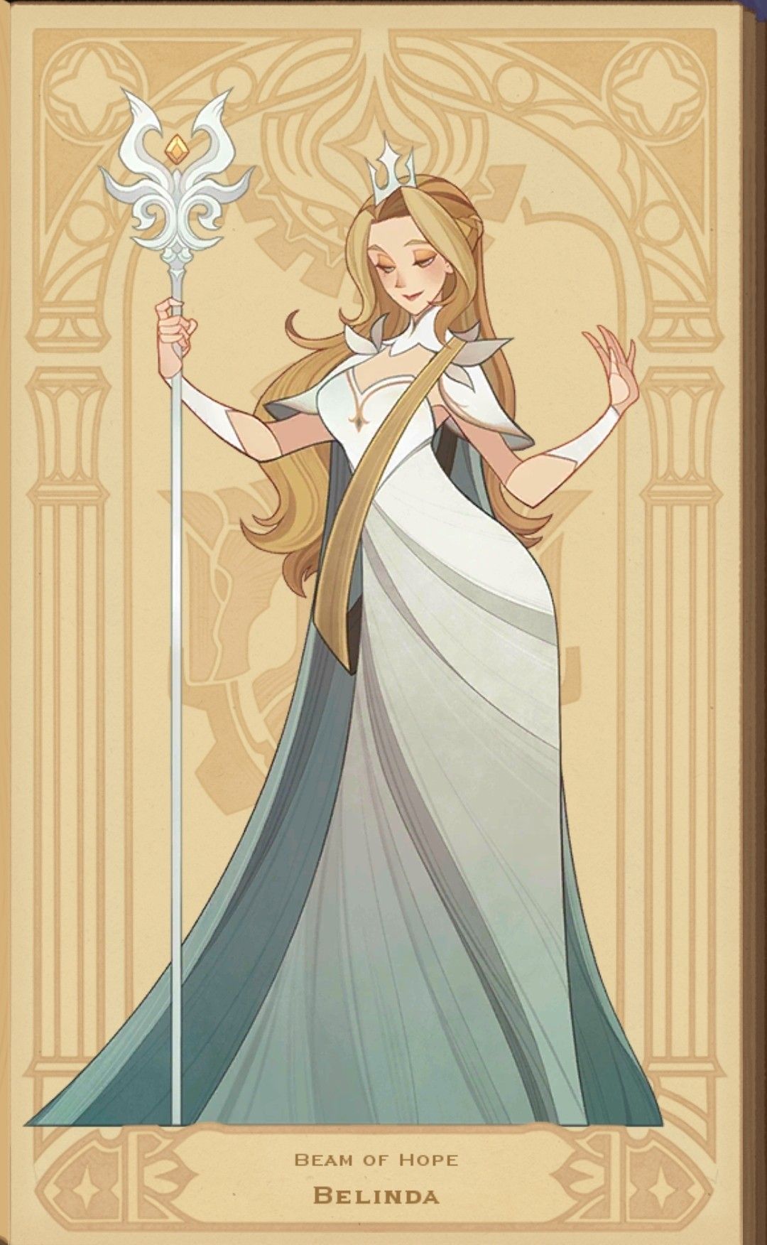 the image showcases a fairskinned woman with long, blonde hair, adorned with a crown and a flowing white and teal dress. she stands gracefully, holding a long staff topped with an ornate symbol. the backdrop features intricate patterns in warm, golden hues, evoking a sense of royalty and grandeur. the text at the bottom identifies her as "belinda, beam of hope".