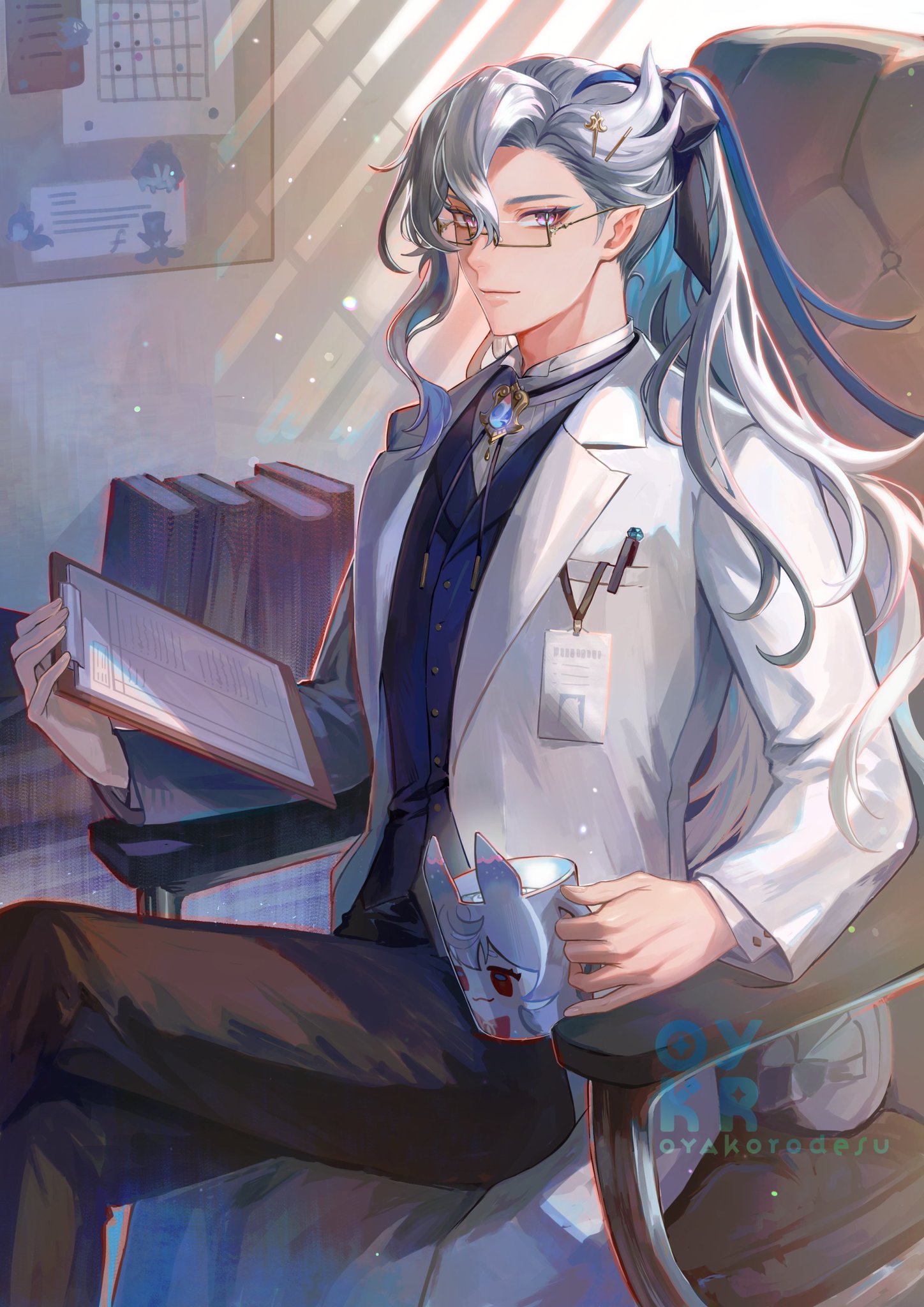the image is a digital painting of an anime male character with long white hair. he is wearing a white lab coat, a black vest, a black shirt, and glasses. he is sitting at a desk with books on it. he is holding a clipboard and a mug in his hands. there is a lot of light shining through the window behind him. the image is very detailed and welldrawn. the style is realistic with a touch of fantasy.