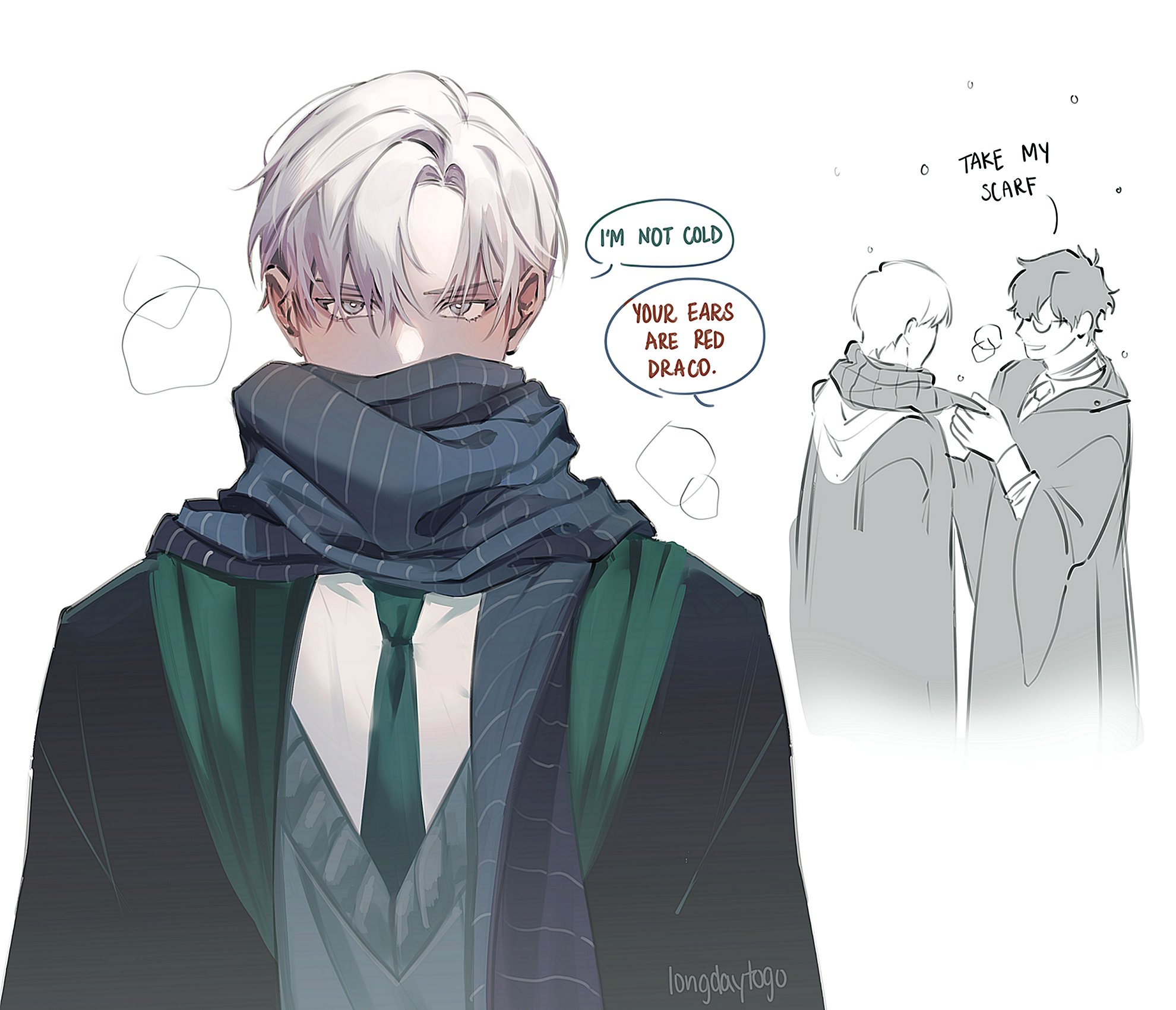 his is a digital fanart illustration featuring a young man with white hair, wearing a slytherin robe and a blue and white striped scarf. he's blushing and has speech bubbles indicating he's not cold despite his red ears.  in the background is a sketch of two boys, one appearing to offer the other a scarf. the style is animeinfluenced with soft lines and shading. the overall tone is romantic and cute. the image strongly suggests a relationship between the main character (who looks very much like draco malfoy) and another character.