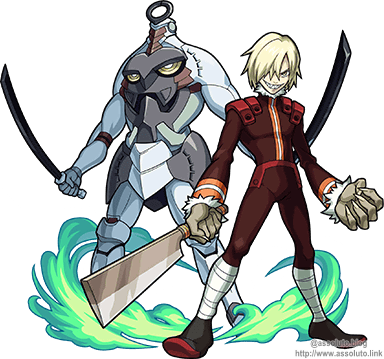 an illustration of two characters, one a human in red and black clothing wielding a katana and the other a robot, standing in battle pose against a black background.  the human character's expression is menacing. the robot character appears to be damaged or injured, as seen by the missing parts.  the image is stylized and resembles an anime or manga style.