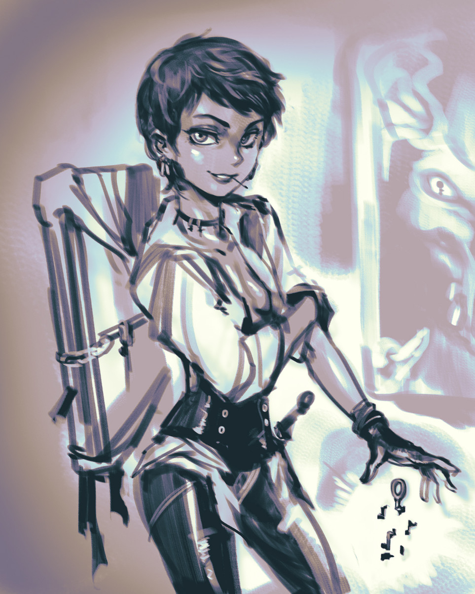 this is a digital illustration of a young, confident woman in an anime style. she has short, black hair and is dressed in a dark, gothinspired outfit with a corset, boots, gloves, and a backpack. she is holding a dagger in her right hand and is smiling at the viewer. the background is blurred and in shades of white and gray. the image is likely part of a larger artwork, perhaps a fantasy or science fiction story.