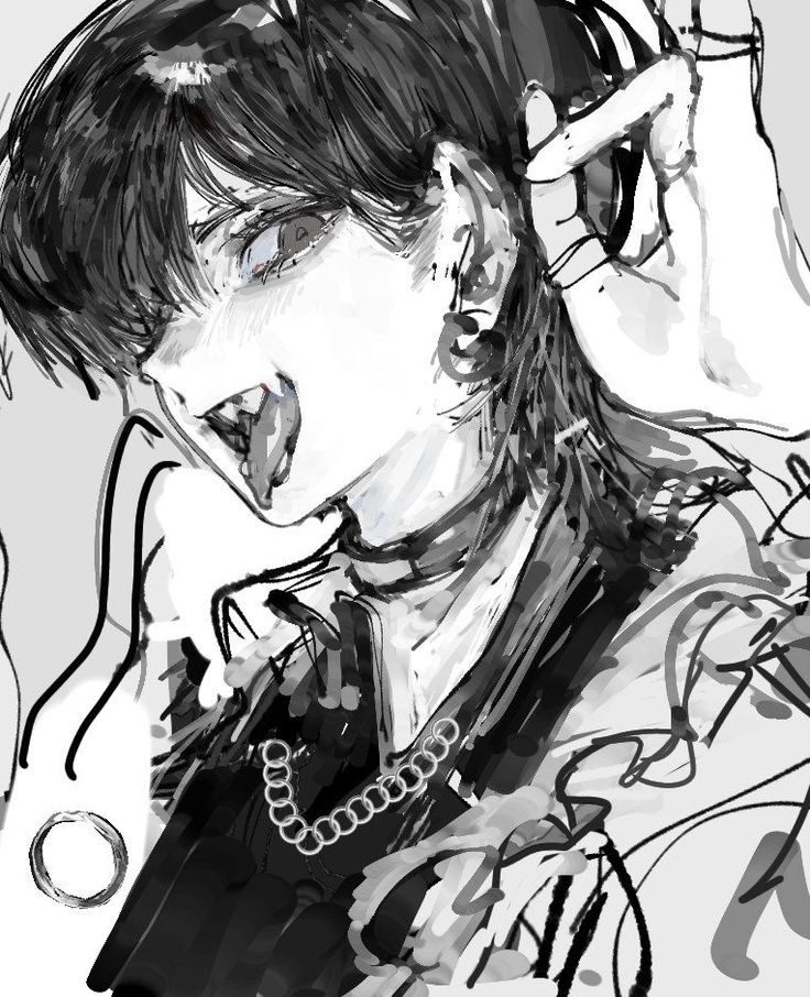 the image is a striking monochrome illustration or drawing, possibly anime or mangainspired, depicting a young male character.  the style is highly expressive and stylized, with loose brushstrokes and a mix of detailed and abstract elements creating a textured effect. the character's expression is intense, with his tongue sticking out and his hand near his ear, contributing to a sense of edginess or perhaps even unease. he's wearing what looks like dark clothing and several accessories such as a necklace and earrings. the background is relatively indistinct, keeping the focus on the character and his dramatic features. the overall mood is dark and somewhat mysterious.