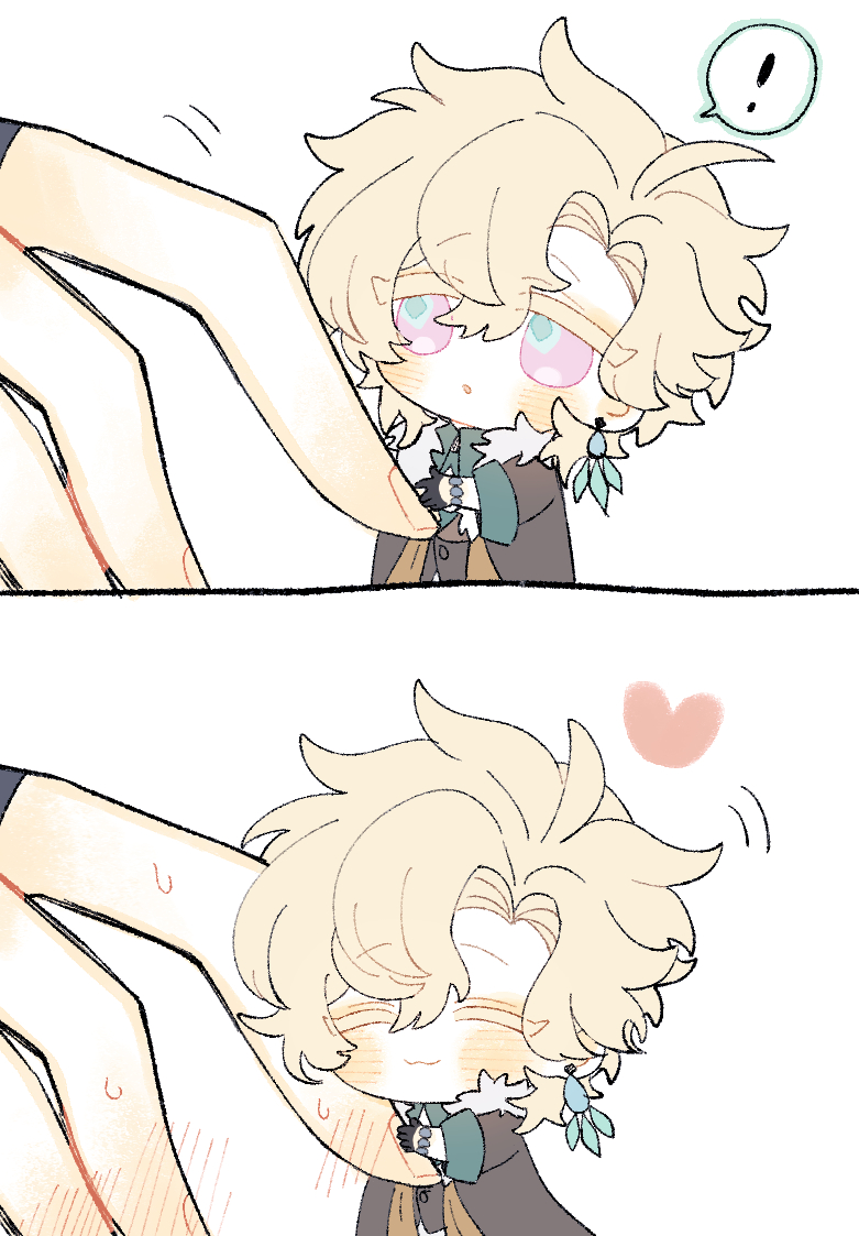 the image features two panels showcasing a chibistyle animeinspired boy with blond hair. he appears to be a fanart character, characterized by large eyes and a simple yet expressive design. the first panel depicts a larger hand gently holding and seeming to surprise him. there's an exclamation mark speech bubble near his head, hinting at surprise or excitement. the second panel shows a similar scenario, but now the boy is embracing the large hand with a heart symbol floating nearby, suggesting affection and happiness. both panels employ a soft, pastel color palette against a plain white backdrop, which adds to the overall cute and gentle mood of the drawing. the art style is clean and simple, focusing on the endearing qualities of the character and the interaction.