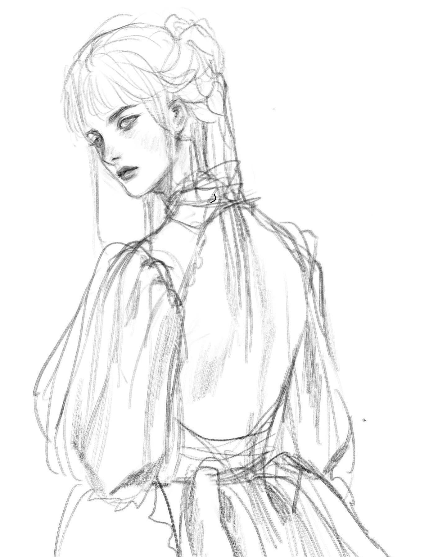 a pencil sketch of a woman with long hair, drawn in a realistic style. she is wearing a dress and has an elegant, almost ethereal quality. the artist has used a variety of lines and hatching techniques to create a sense of depth and texture in the drawing. the woman's face is turned slightly away from the viewer, which gives the image a sense of mystery and intrigue.